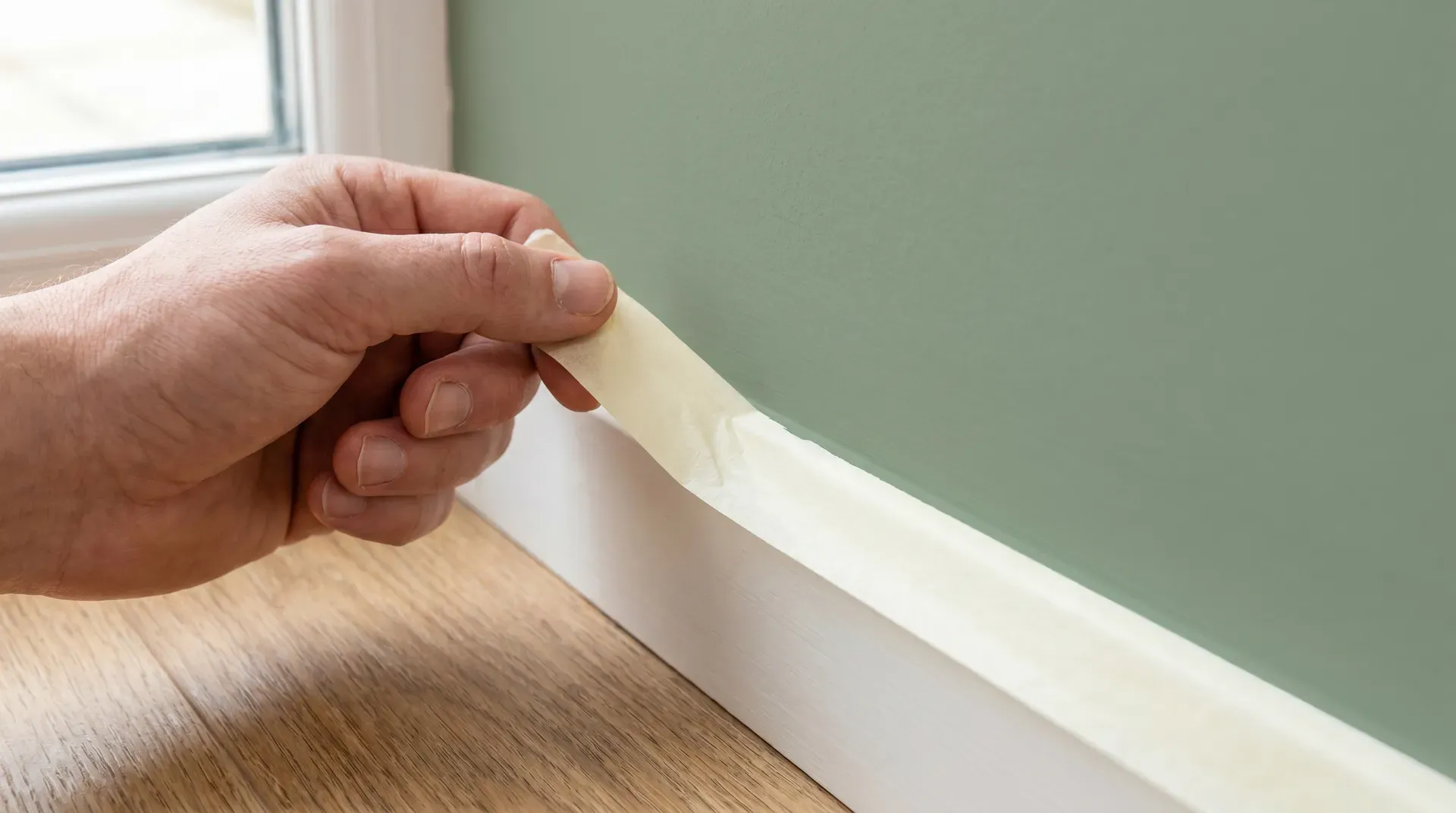Hand peeling cream masking tape back at a 45-degree angle to reveal a crisp paint line on the wall.
