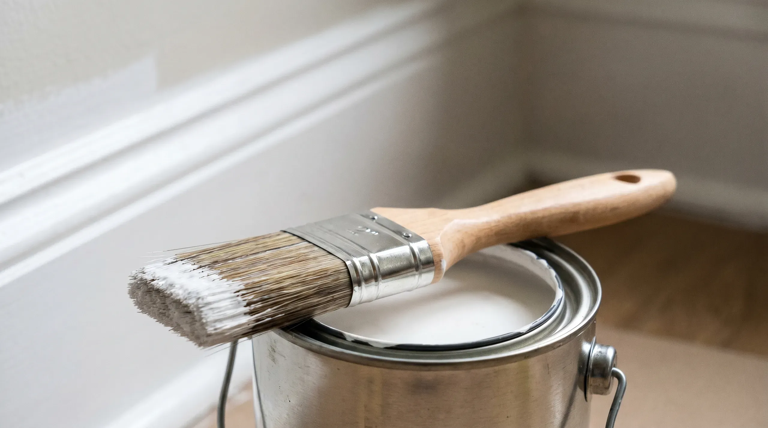 A 2-inch angled-sash paint brush with a wooden handle resting on the edge of a paint kettle, with a partially-painted skirting board in the background