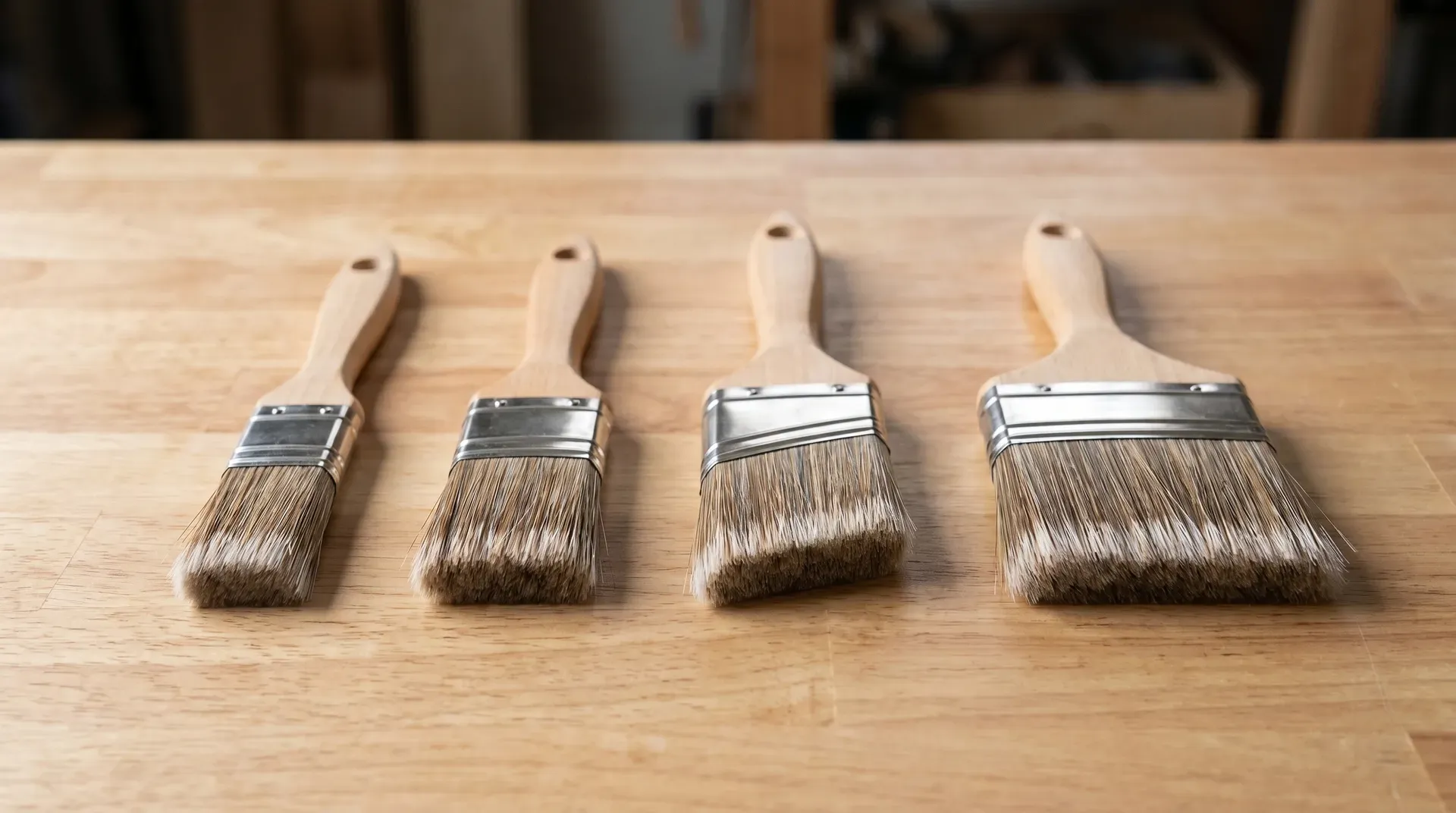 Four paint brushes laid out by size on a workbench, the 2-inch angled-sash brush in the centre.