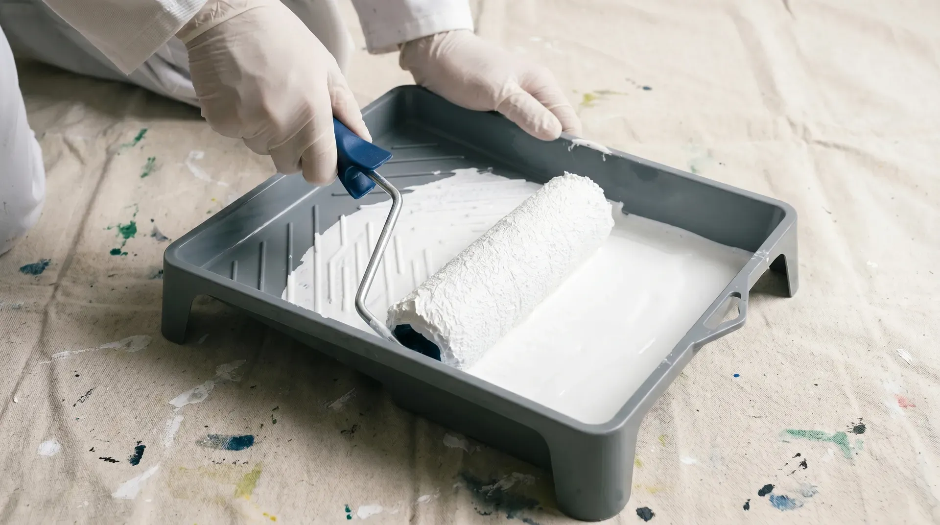 A hand pushing a paint roller sleeve up the ribbed slope of a roller tray to coat the sleeve in white emulsion.