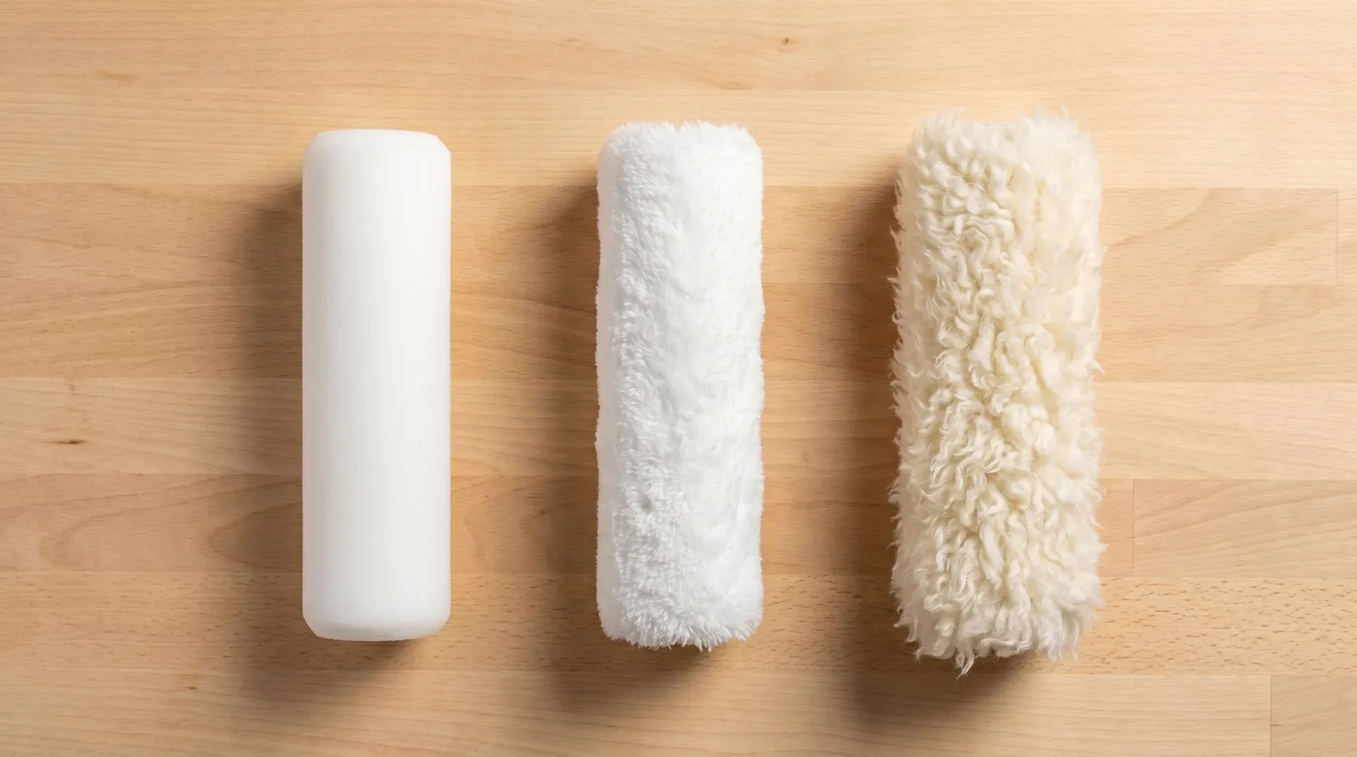 Three 9-inch paint roller sleeves on a workbench showing short pile foam, medium pile microfibre, and long pile lambswool.