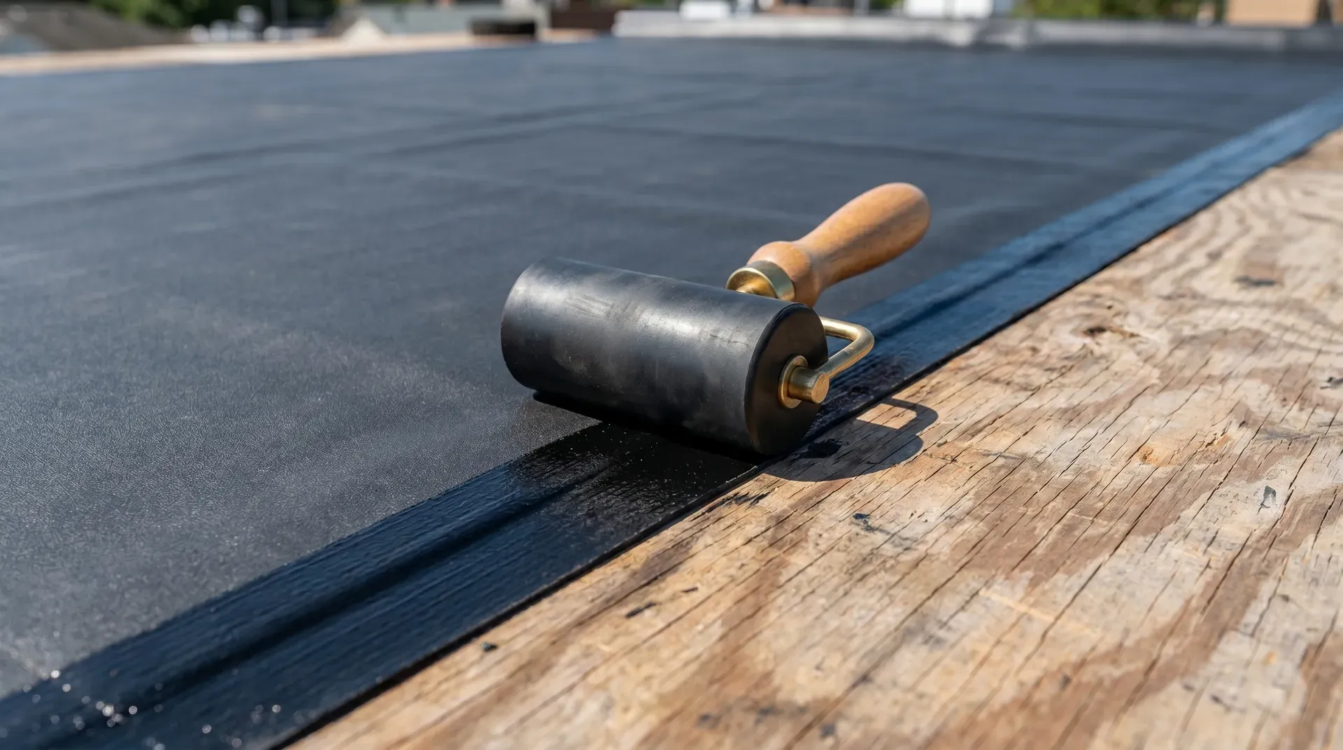A silicone-barrelled seam roller pressing the edge of black EPDM flat-roof membrane into a primed deck surface.