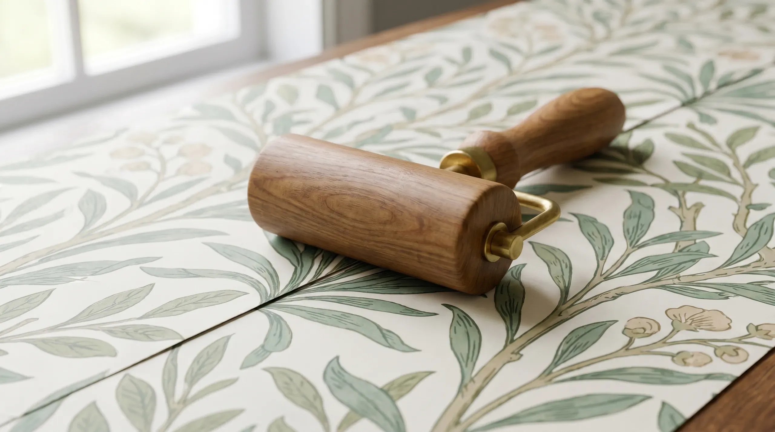 A wooden seam roller with a 35mm barrel resting on a seam between two strips of freshly pasted wallpaper