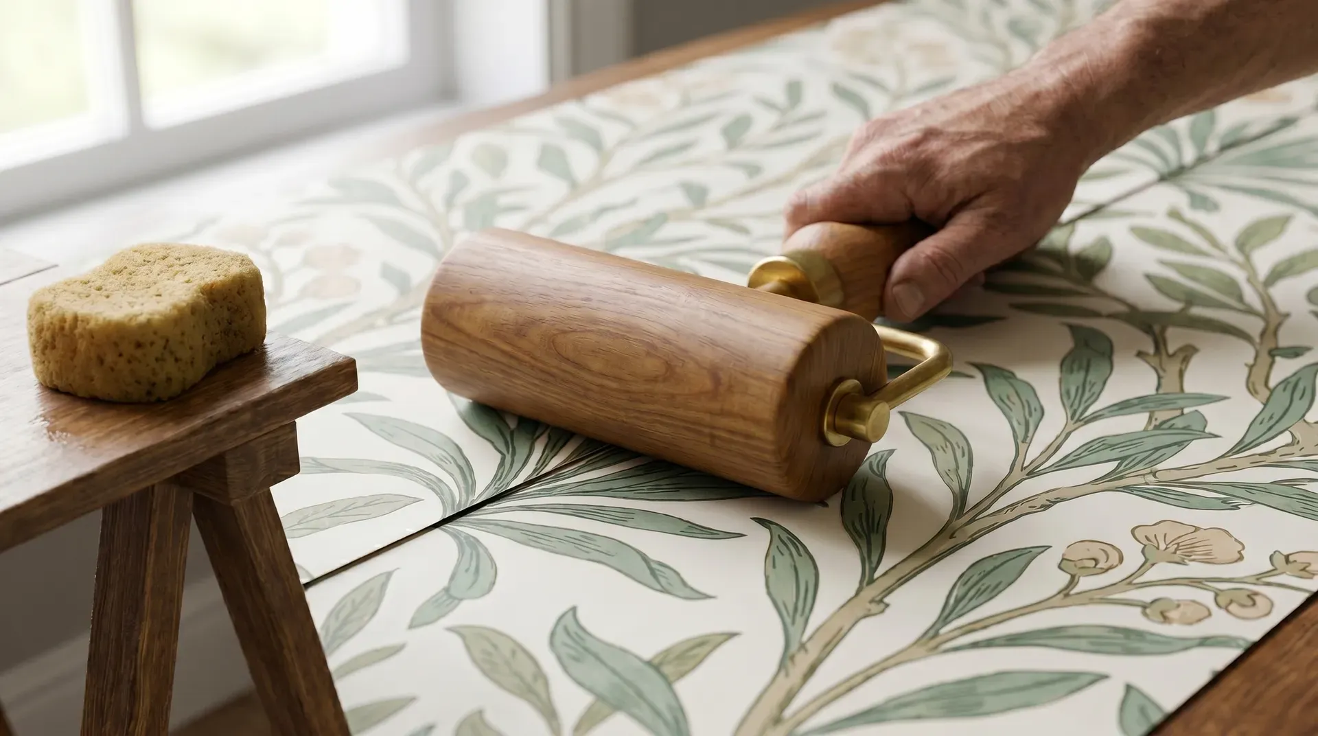 A wooden seam roller being pushed along the seam between two strips of freshly pasted wallpaper.