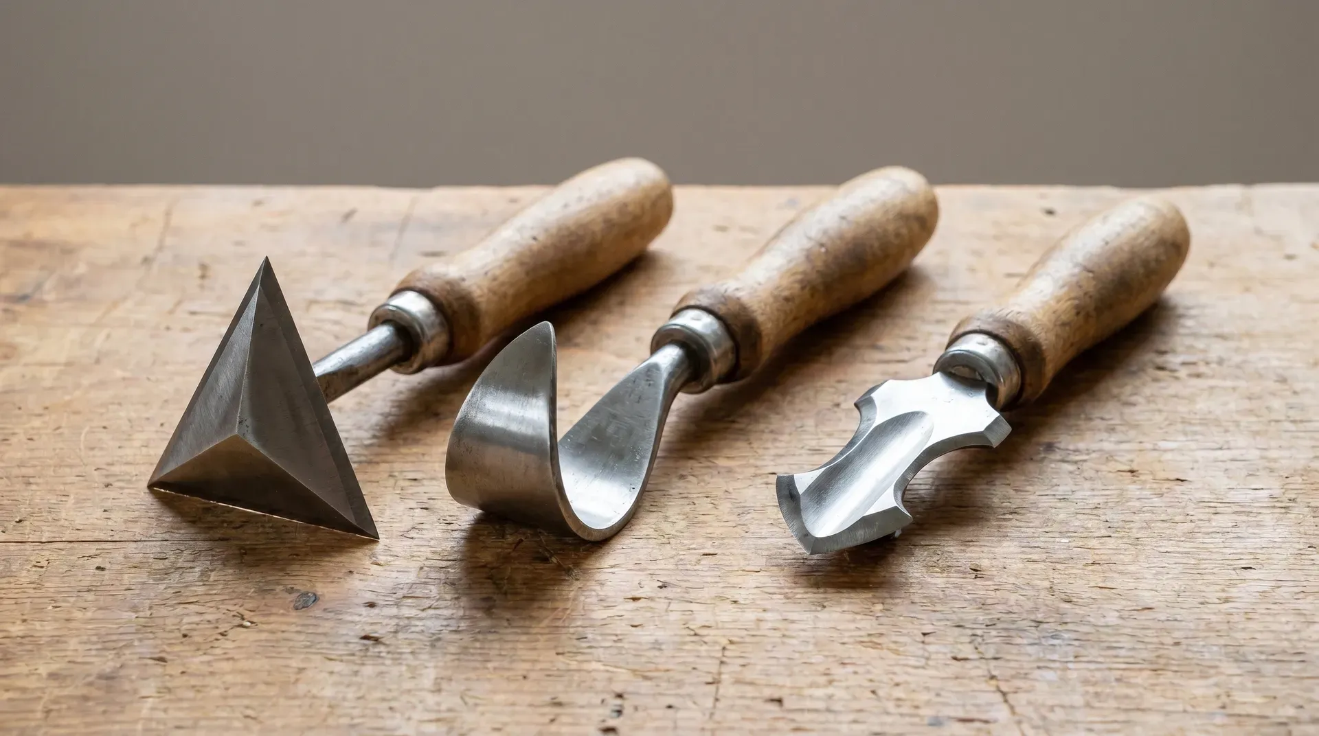 Three shave hooks side by side on a workbench showing the triangular, pear, and combination blade shapes.