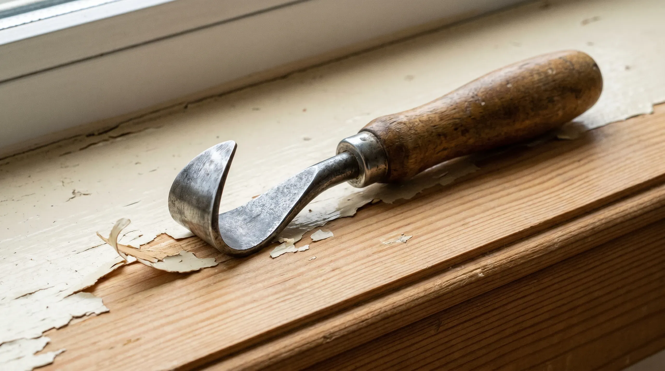 A combination shave hook with a wooden handle resting on a pine skirting board with partially stripped cream paint flaking off the surface
