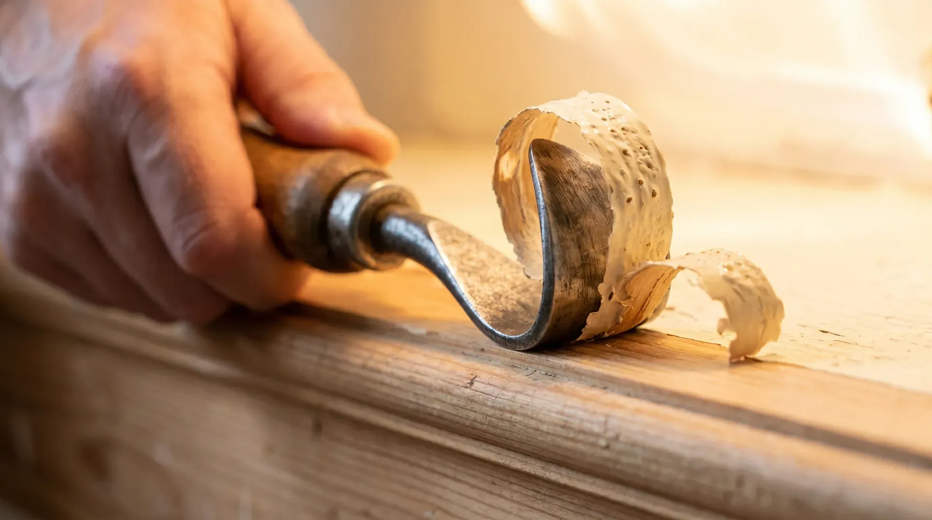 A combination shave hook being pulled toward the user along a softened paint film on a skirting board, paint curling off the blade.