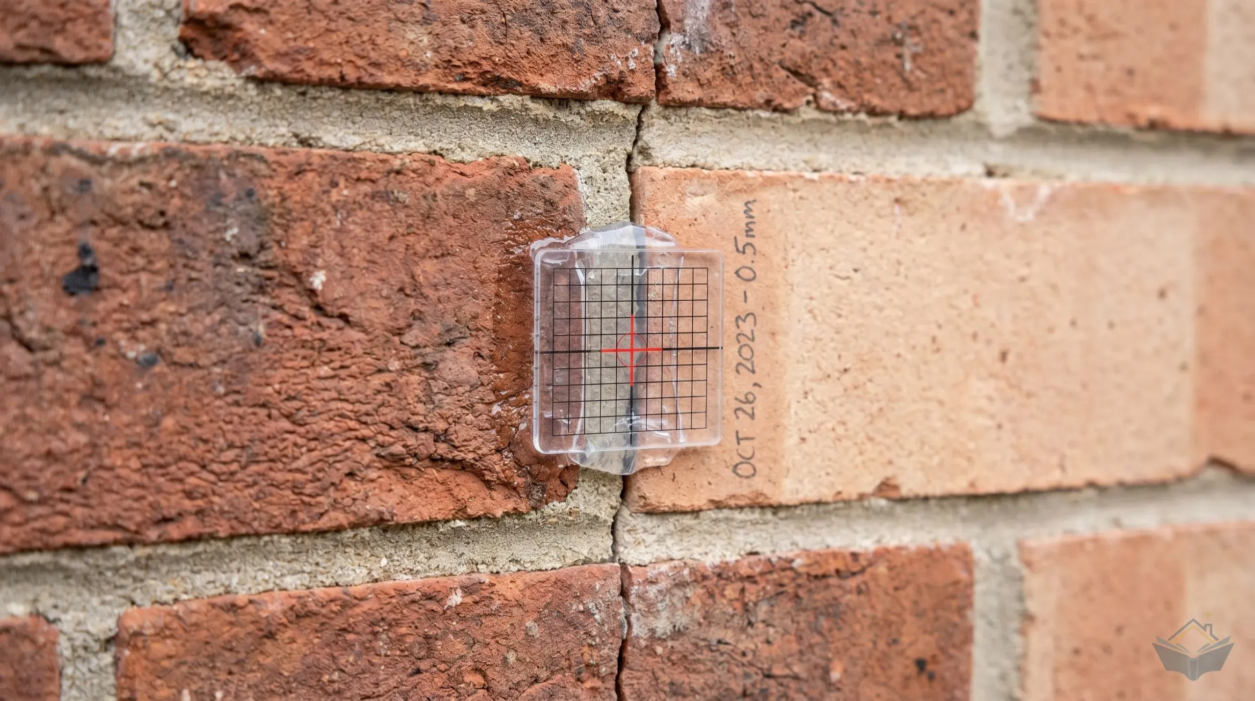 An Avongard plus-pattern crack monitor tell-tale fixed across a hairline crack at the junction of an old and new brick wall, with date and reading written next to the device