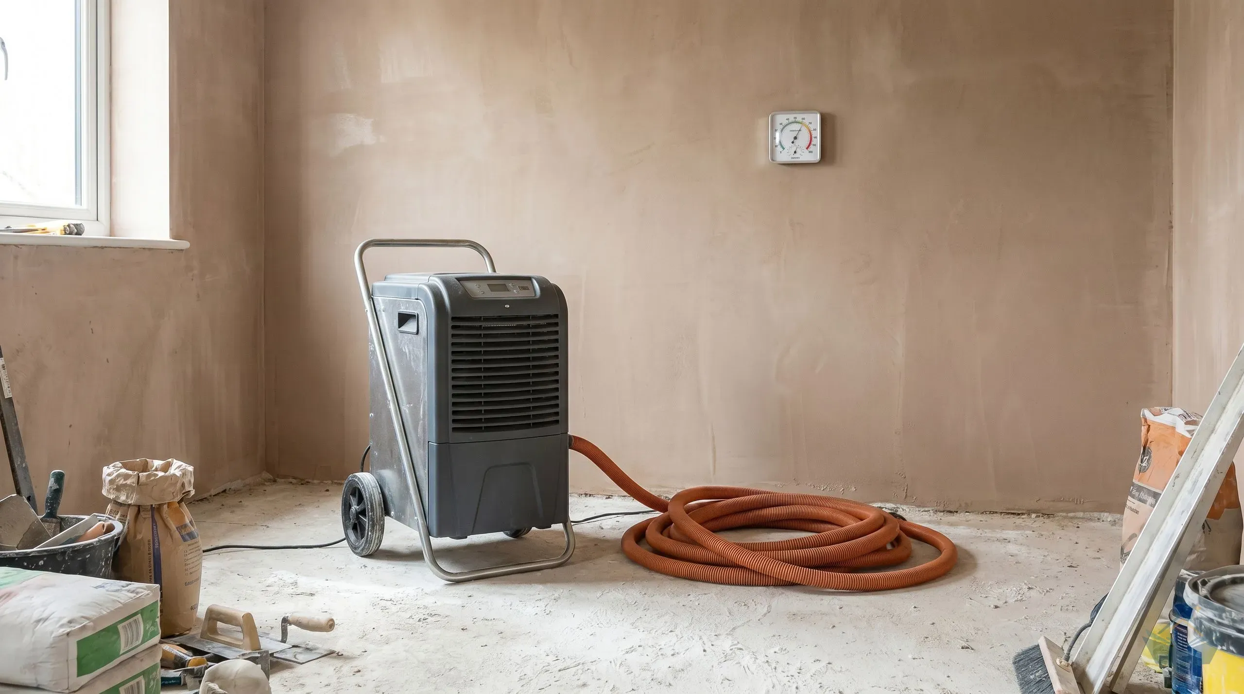 An Ebac CD30 industrial dehumidifier sat on the floor of a freshly plastered new kitchen extension with a drainage hose running to a bucket and a hygrometer reading on the wall behind