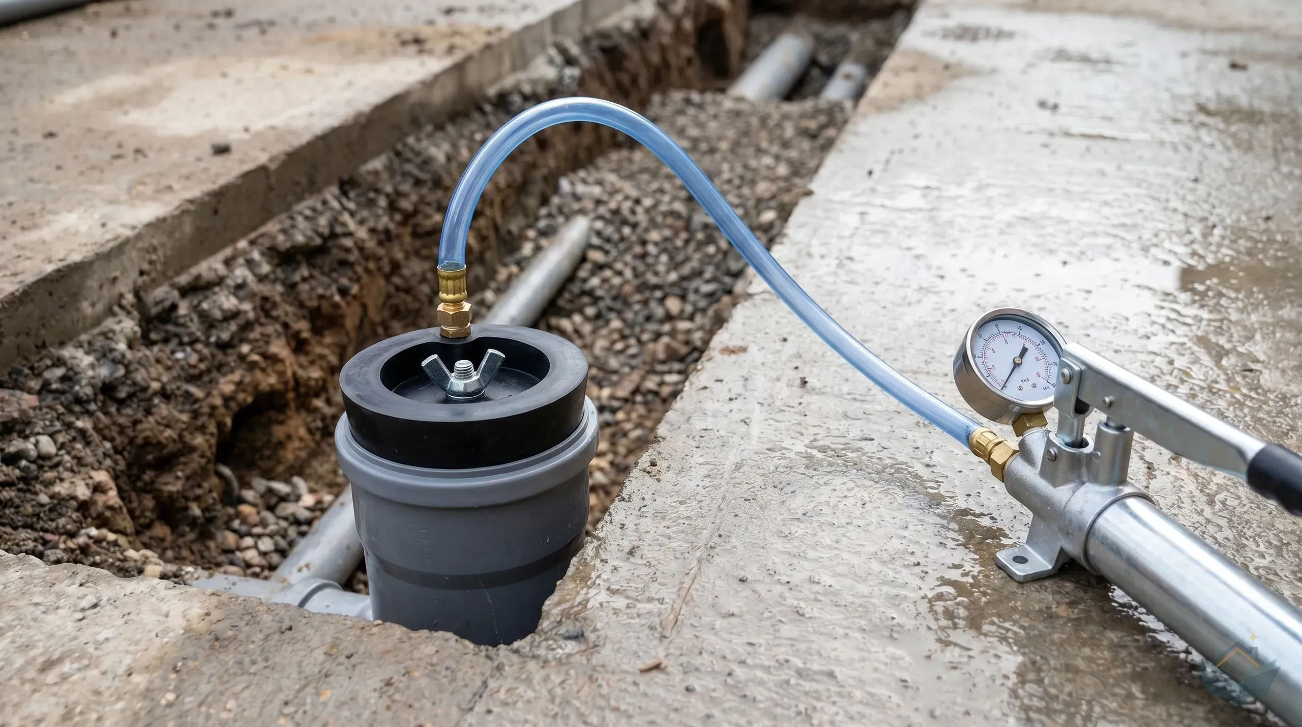 A 110mm drain test bung connected to a manometer hand pump and pressure gauge sat on a fresh concrete oversite next to an exposed soil pipe inspection point