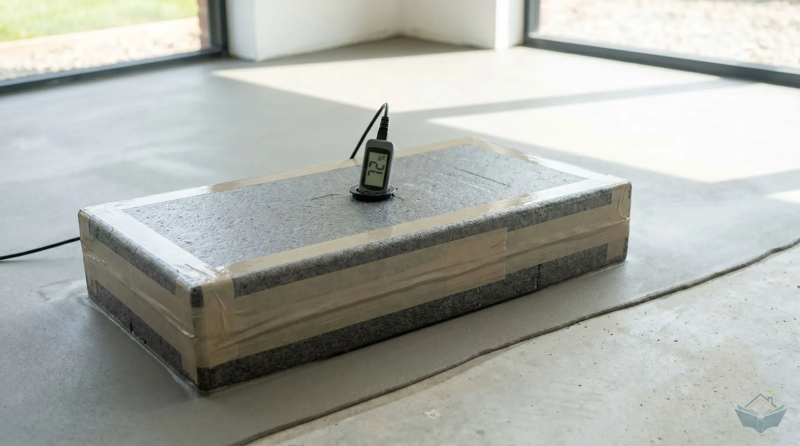 A Tramex CMExpert hygrometer box sealed to a screed surface with a digital relative humidity meter probe inserted, showing a reading of 73 percent RH after a 72 hour conditioning period