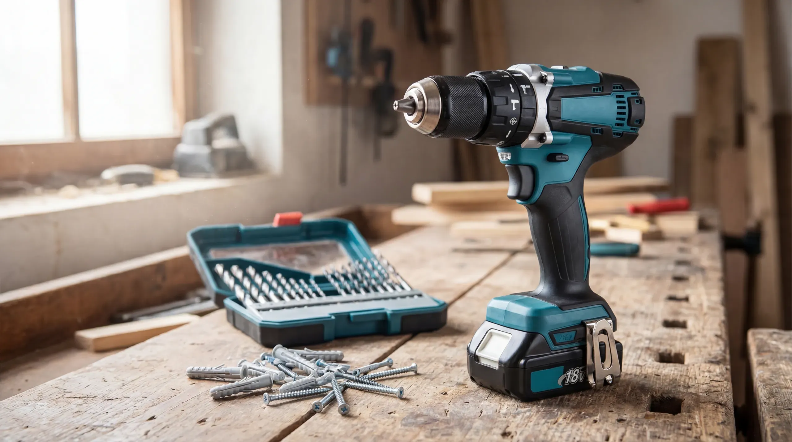 A cordless 18V combi drill with a brushless motor sitting on a workbench beside a set of drill bits and masonry plugs