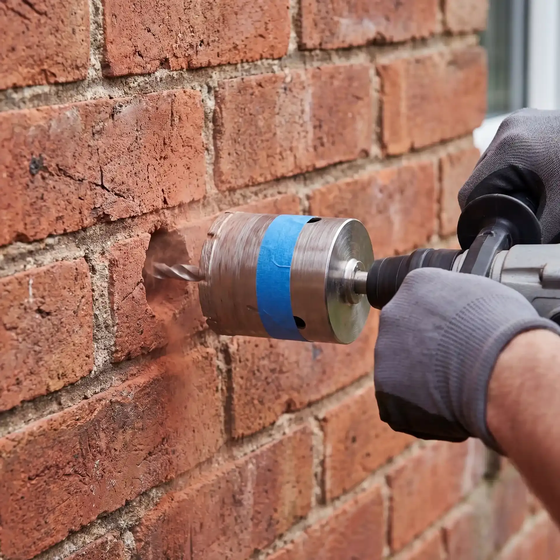 Close-up of a diamond core bit beginning to cut into a red brick wall, with the pilot drill centred in the masonry, brick dust forming around the cutting edge, and a tape depth marker on the barrel
