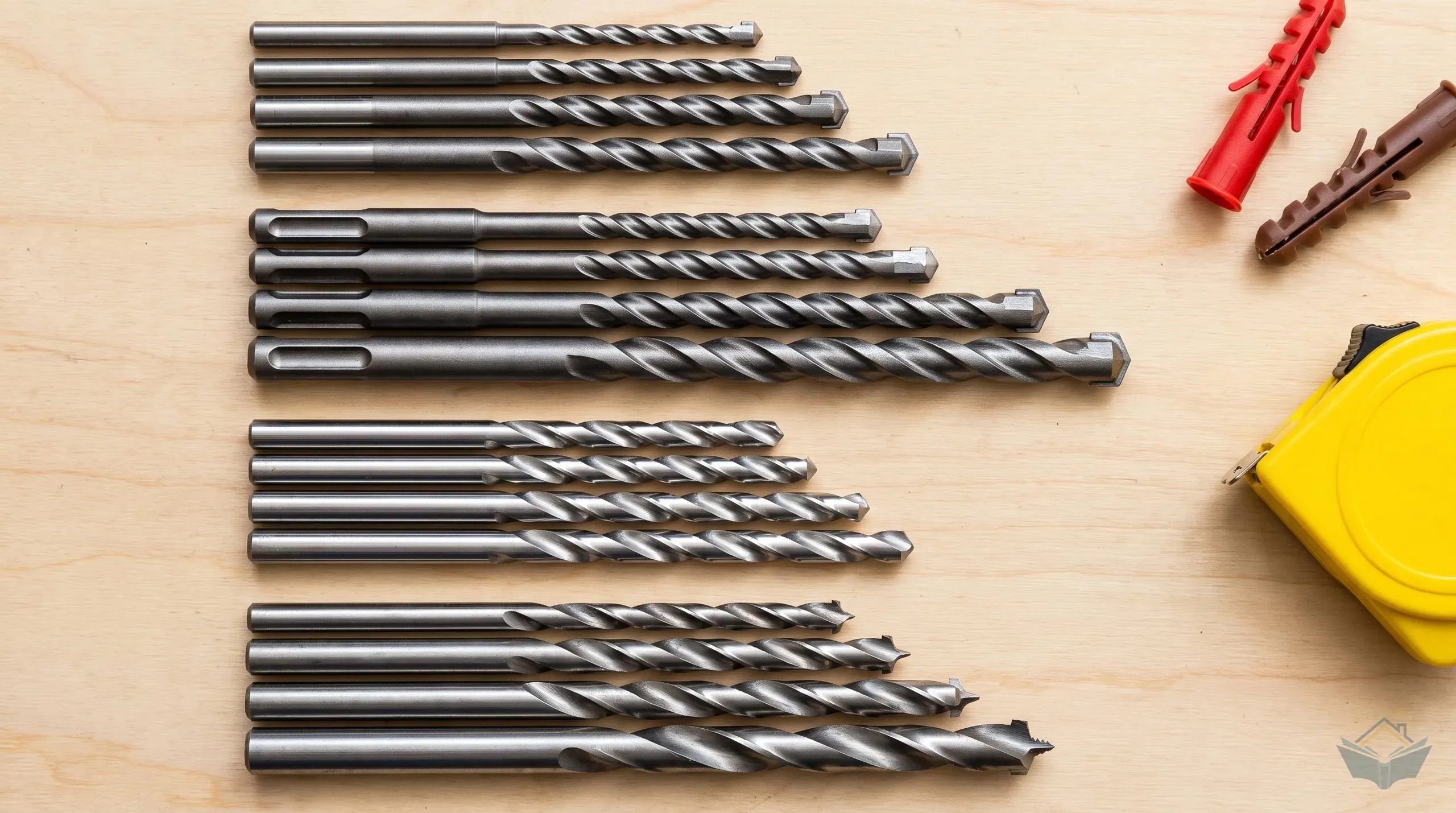 Four rows of drill bits on a timber workbench in size order: carbide-tipped round-shank masonry bits, SDS+ bits with slotted shanks, bright HSS twist bits and brad point wood bits, with red and brown wall plugs and a tape measure alongside