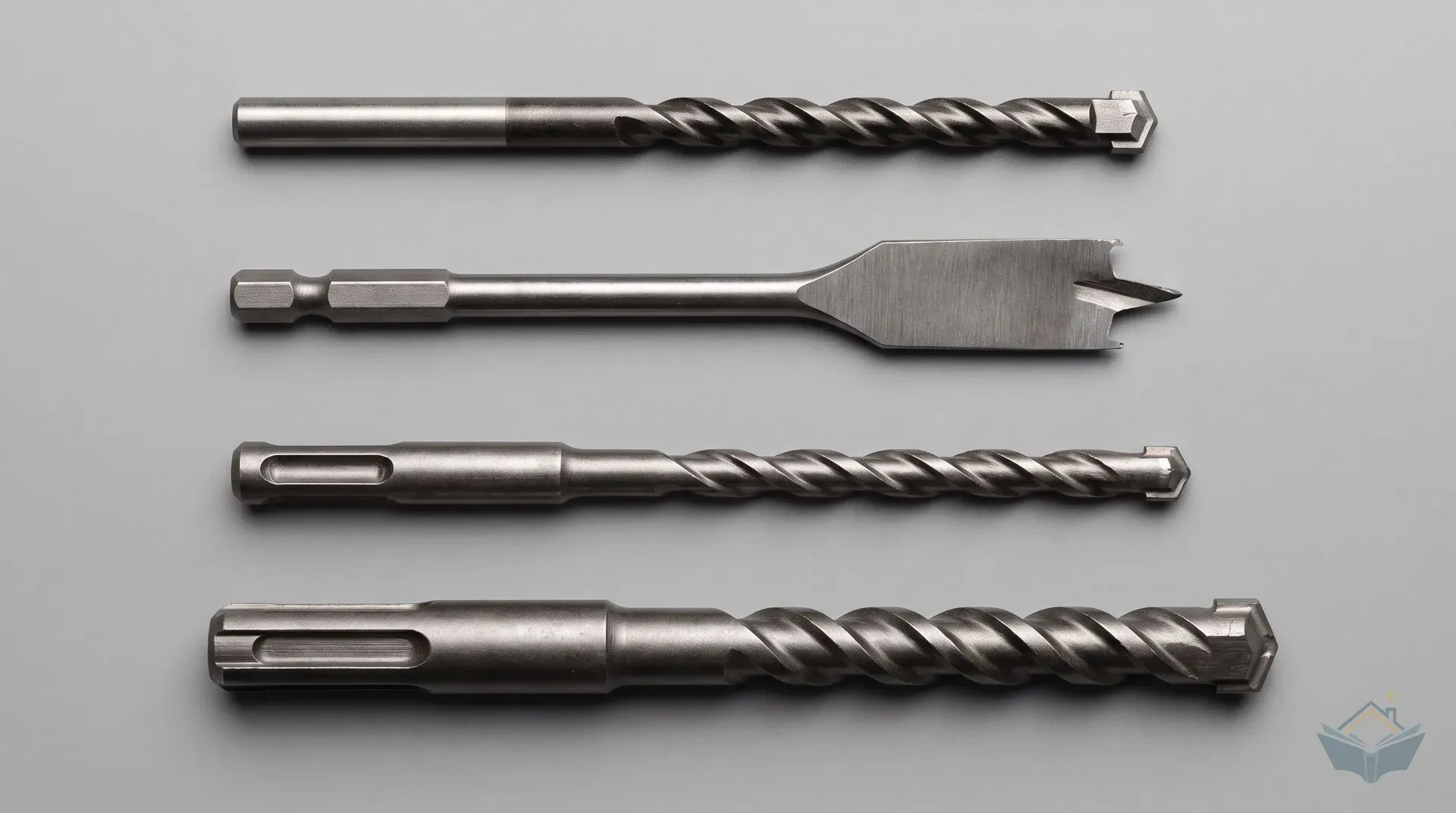 Four drill bits laid one above another on a grey surface with their shanks lined up on the left: a round-shank masonry bit, a spade bit with a six-sided hex shank, an SDS+ bit with a slotted shank, and a thicker SDS-Max bit with a larger slotted shank