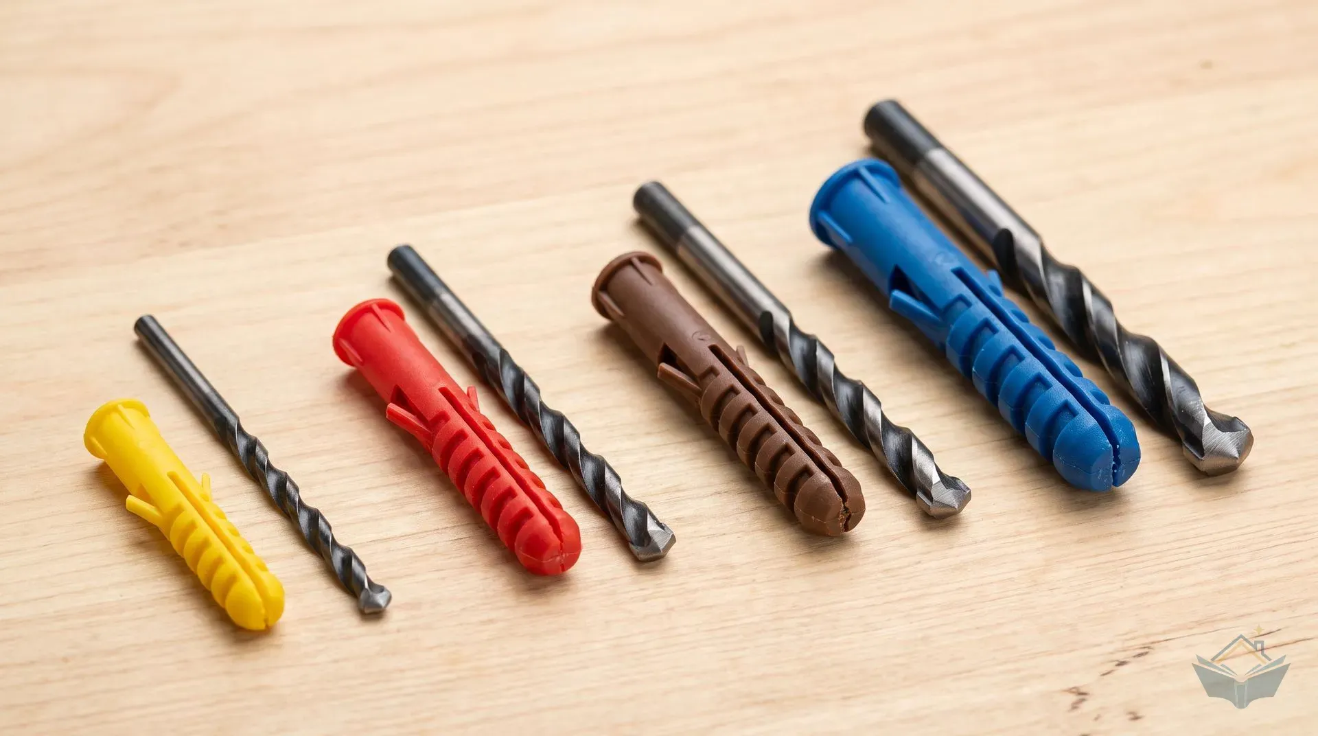 Yellow, red, brown and blue nylon wall plugs on a timber workbench, each lying beside a masonry bit that gets thicker from left to right to match the plug
