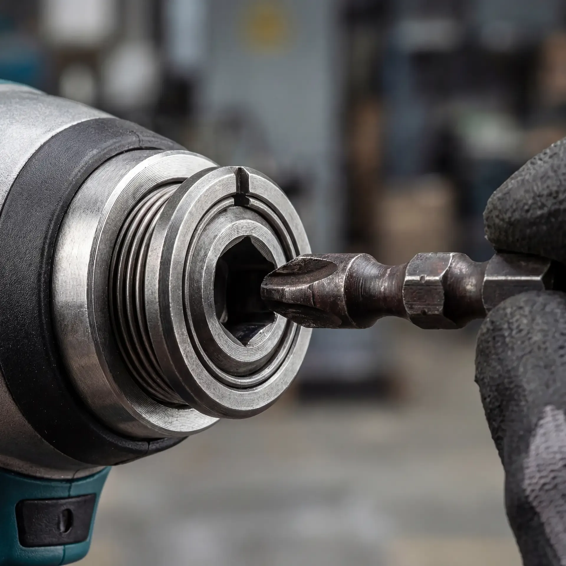 Close-up of a 1/4-inch hex collet on an impact driver with the collet ring pulled back and an impact-rated bit half-inserted, showing the dark torsion zone