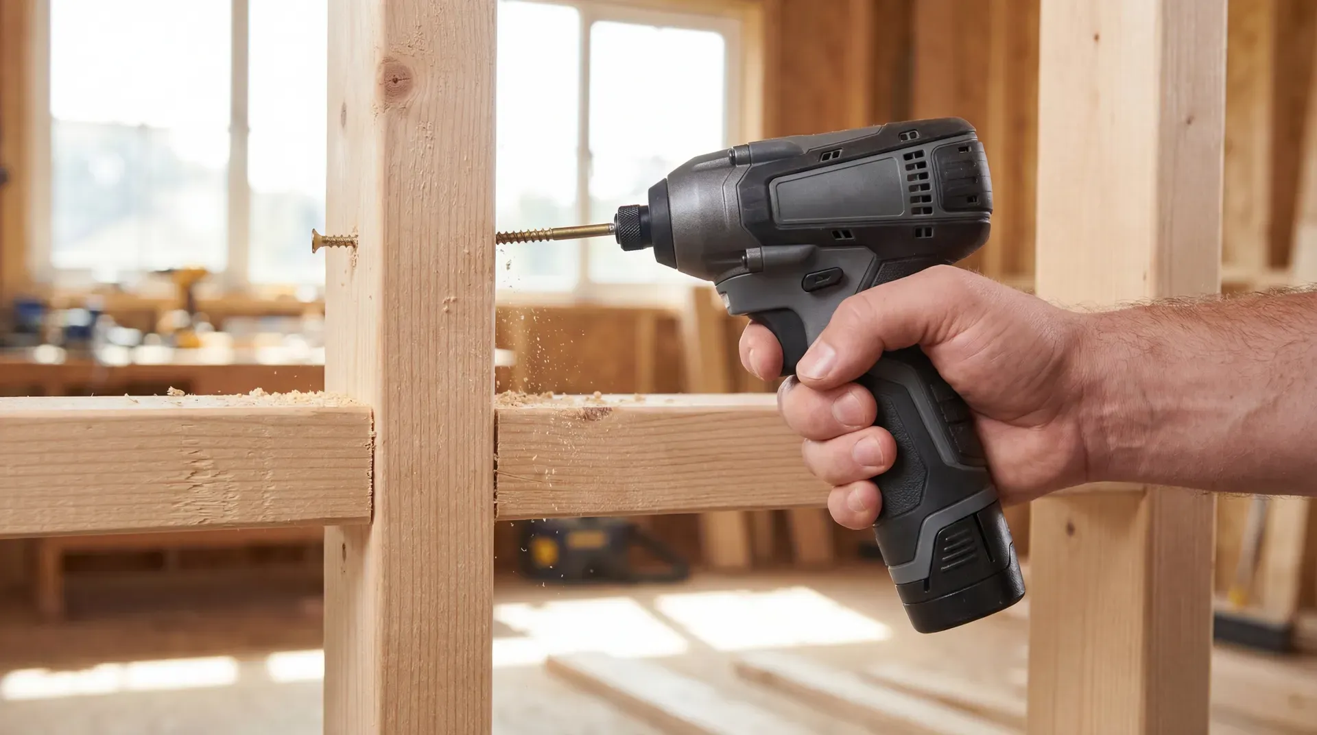 A cordless impact driver being used to drive a long wood screw into a softwood stud wall frame, with sawdust around the screw entry point