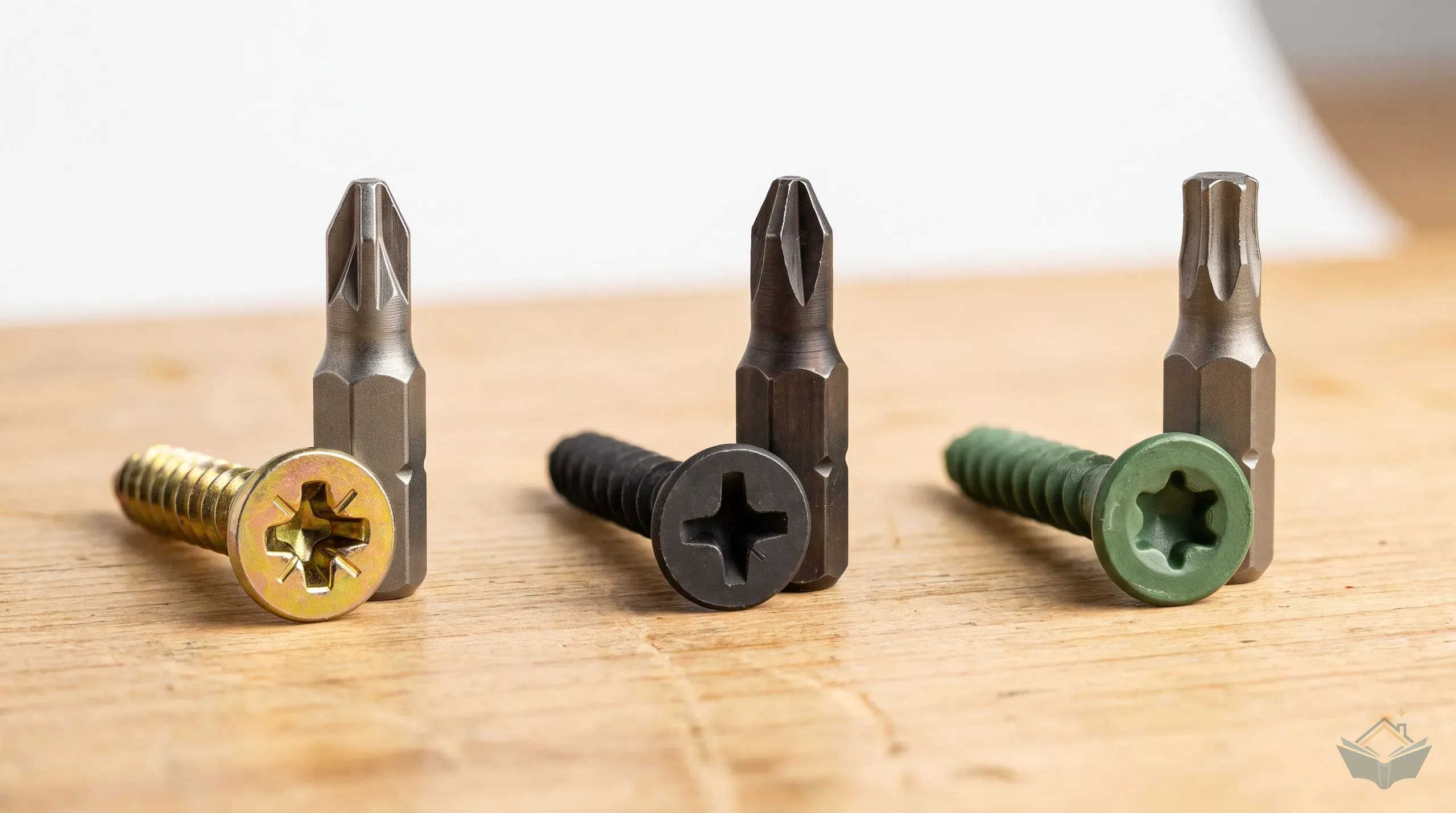 Three matched pairs of screwdriver bit and screw laid out left to right on a timber workbench: a Pozidriv bit with a yellow zinc-plated wood screw, a Phillips bit with a black drywall screw, and a Torx bit with a green decking screw, each bit's tip shape matching its own screw's recess shape