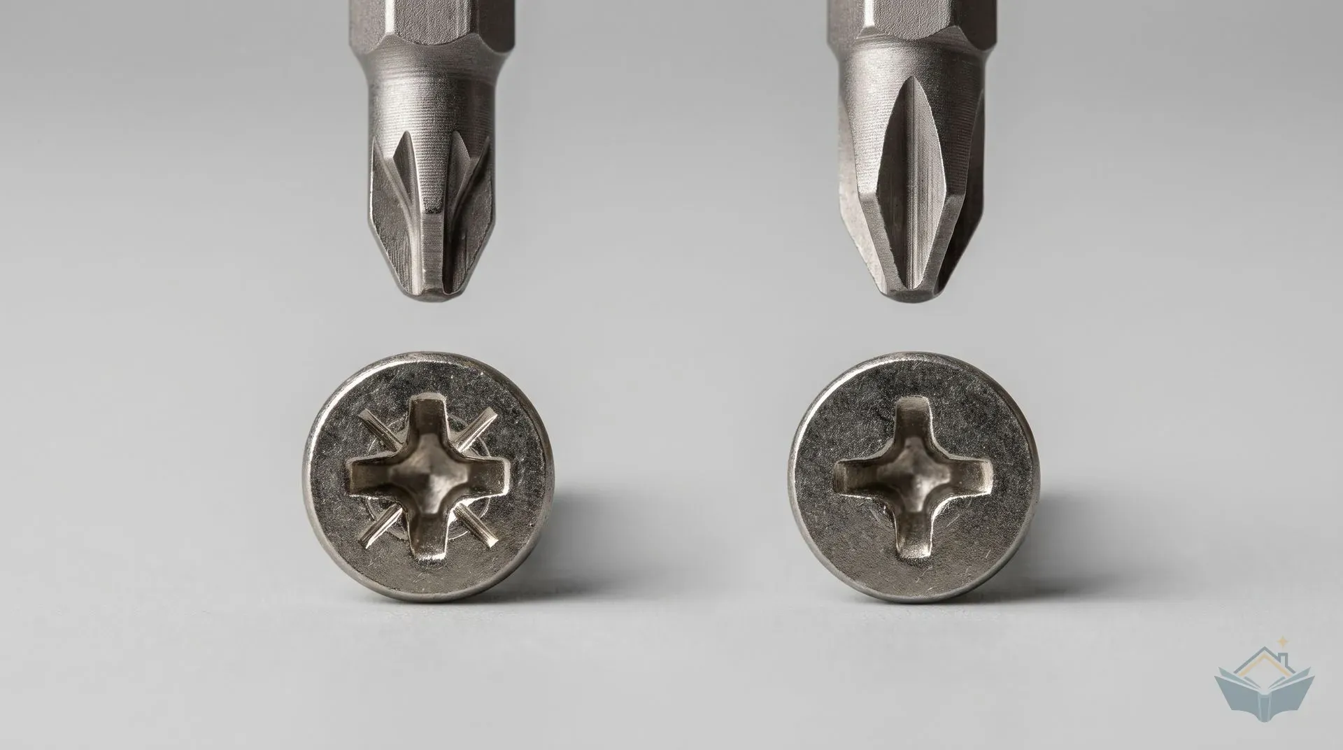 Extreme close-up of two screw heads and their bit tips side by side: a Pozidriv screw and bit on the left showing a cross recess with four extra diagonal ribs, and a Phillips screw and bit on the right showing a plain four-point cross with no ribs