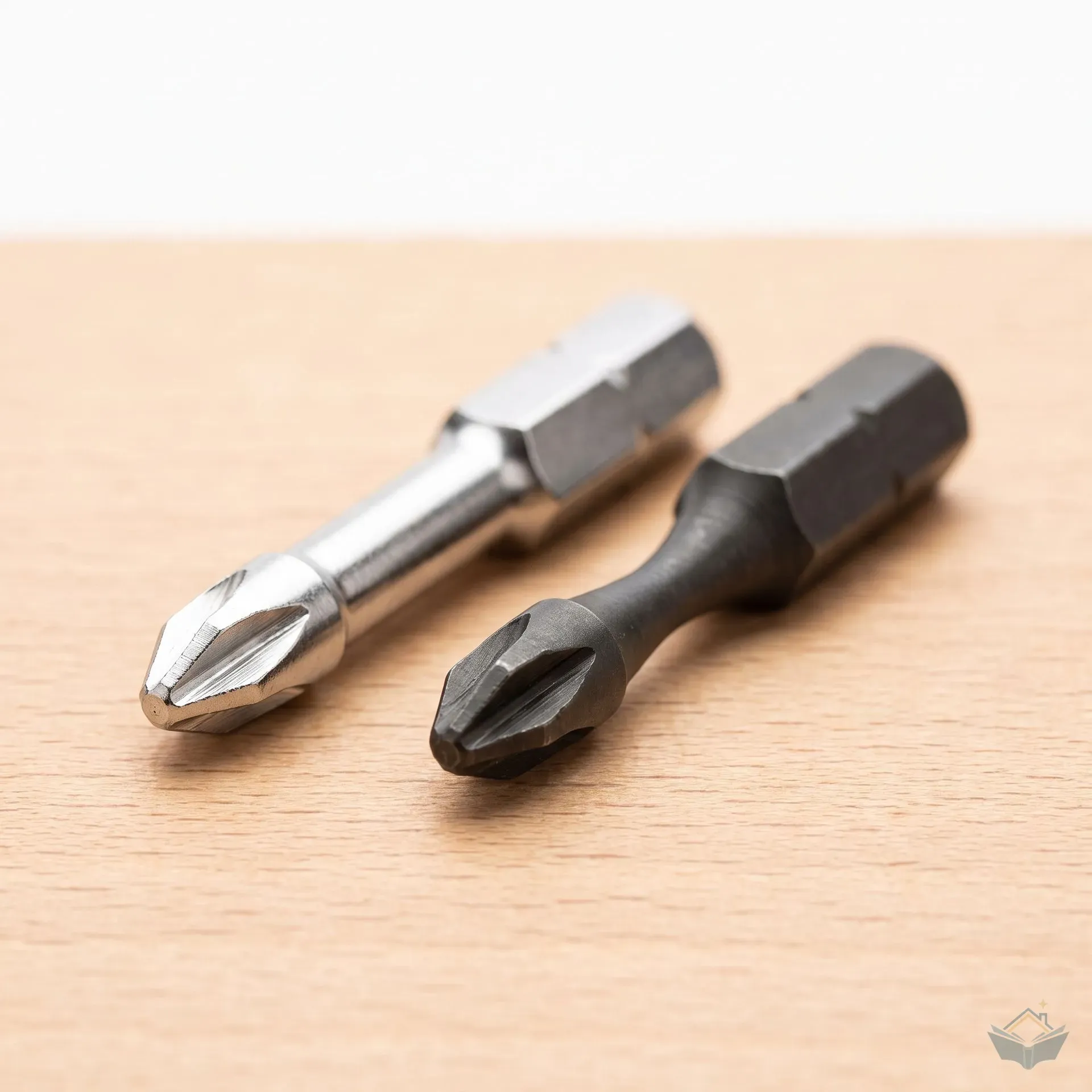 Two PZ2 screwdriver bits side by side: a bright standard bit with a uniform shank on the left, and a dark impact-rated bit on the right showing a visibly narrower torsion zone section of the shank behind the tip