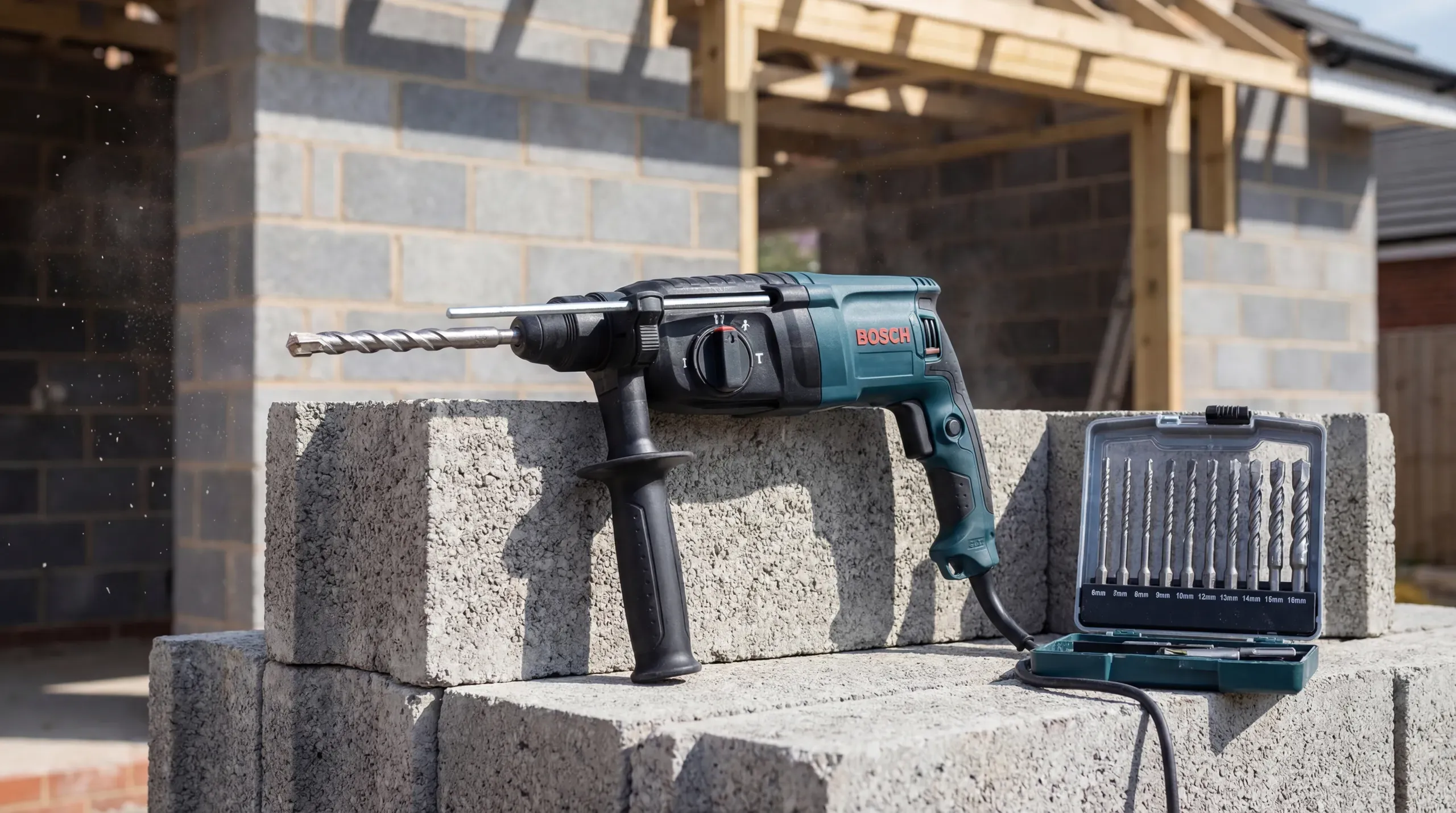 A corded SDS+ drill with a masonry bit fitted, resting on a stack of dense concrete blocks beside a set of SDS drill bits on a construction site