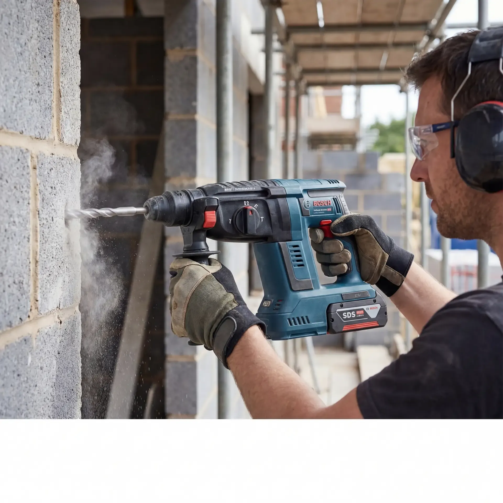 An operator using an SDS+ drill on a raw blockwork wall during an extension build, wearing safety glasses and ear defenders, gripping the side handle with a gloved left hand