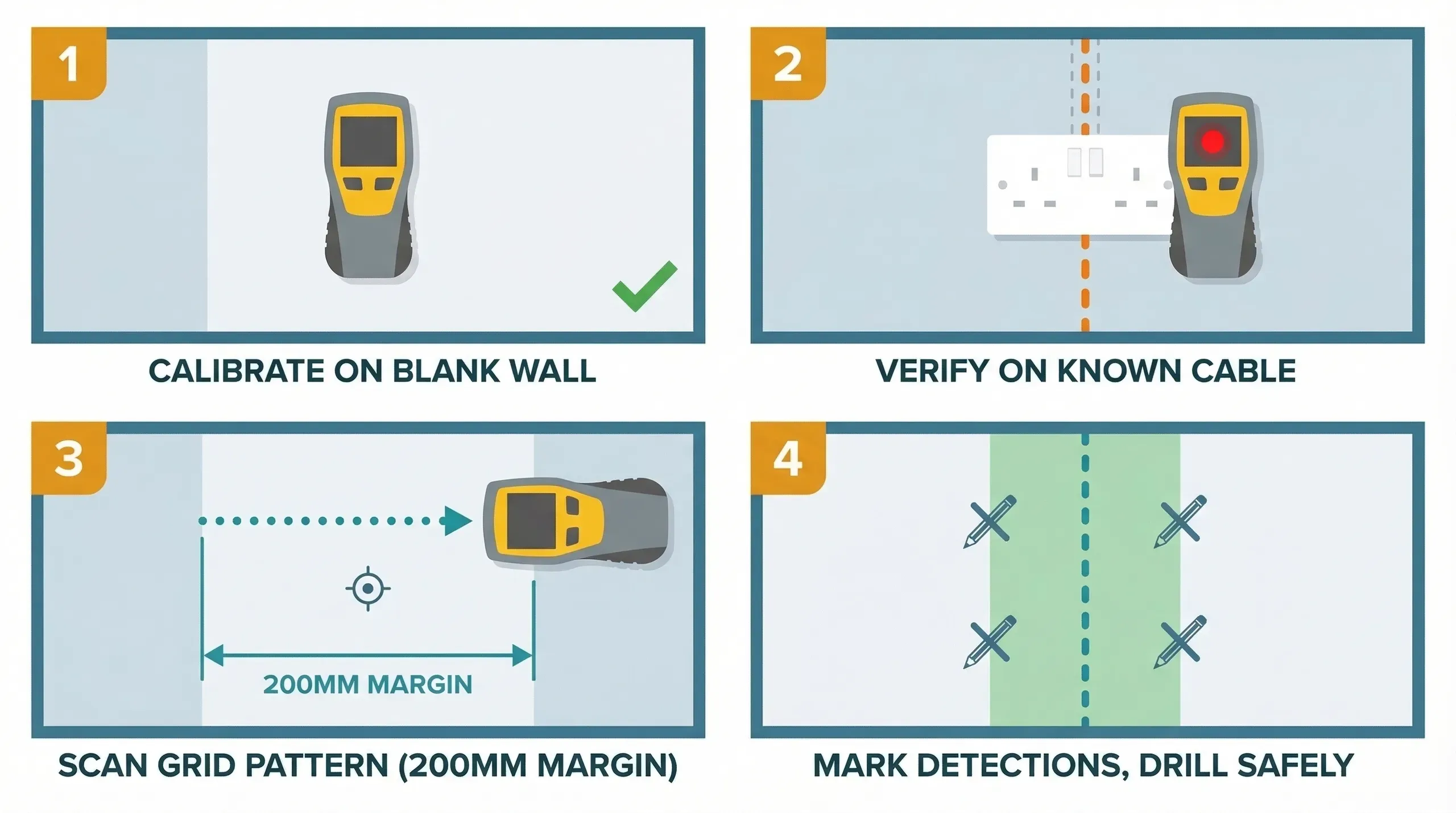 Four-panel 2x2 grid infographic showing the correct cable detector scanning technique. Panel 1: calibrate on a blank wall section away from sockets. Panel 2: verify detection near a known socket. Panel 3: scan in a grid pattern with a 200mm margin beyond the drill point. Panel 4: mark detected cable routes with pencil and identify safe drill locations away from the marks.