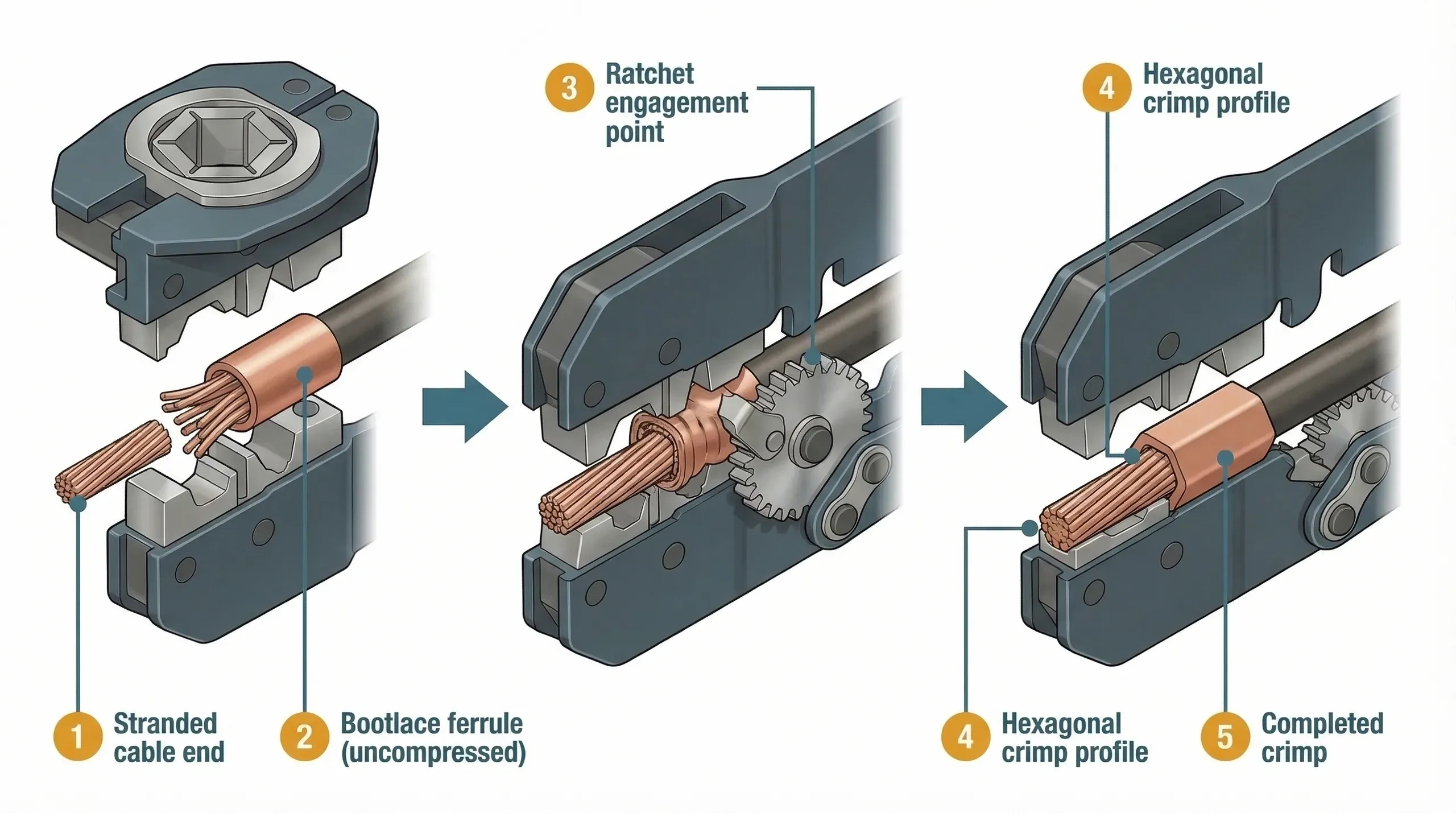 Three-stage cross-section showing how a ratchet crimping tool compresses a bootlace ferrule onto a stranded cable end: first the cable and open ferrule in the jaw, then the ratchet engaging as the jaw closes, and finally the completed hexagonal crimp profile with compacted copper strands.