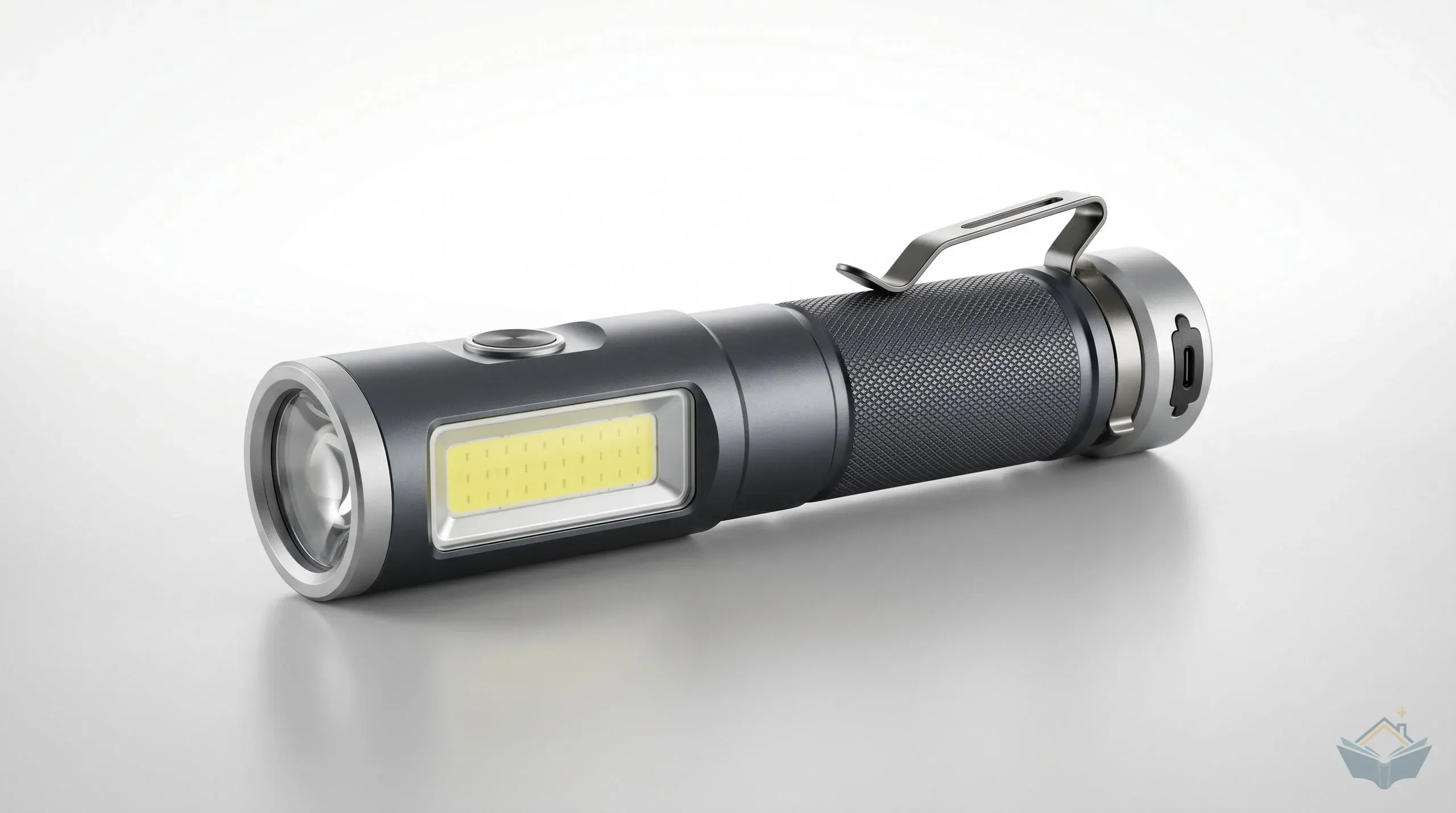A handheld LED inspection torch with magnetic base and pivoting head laid on a clean workbench beside a notebook and pencil