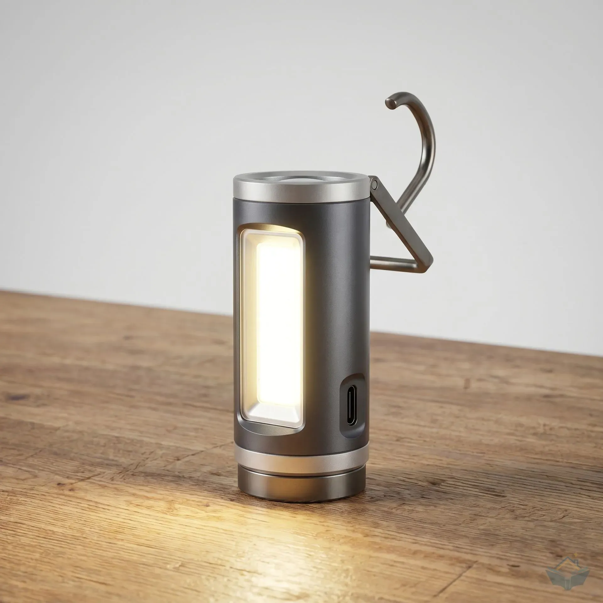 A 500-lumen rechargeable LED inspection lamp standing upright on a wooden bench with its COB face panel illuminated and glowing, fold-out metal hook deployed at the top, magnetic base visible at the bottom, and USB-C charging port on the side.