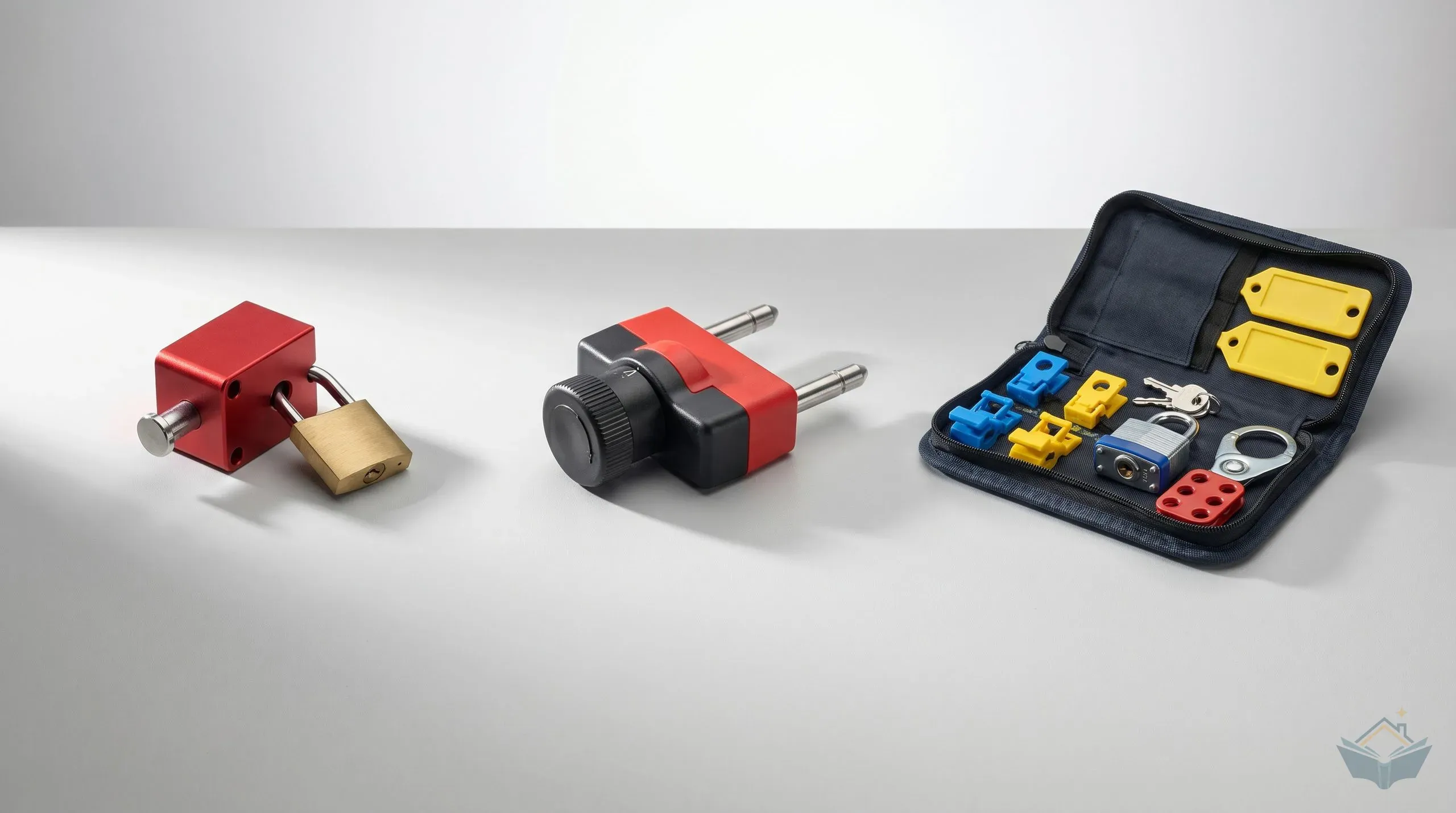 Three MCB lockout devices on a workbench: a red push-pin aluminium device with a brass padlock, a black-and-red universal pin-out device with thumb-screw pins, and an opened domestic lockout kit pouch with assorted clip devices, padlock, hasp, and yellow warning tags