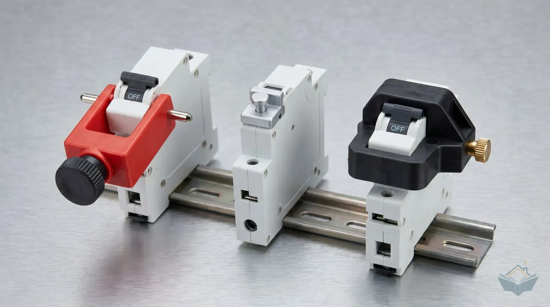 Three MCB lockout device styles each fitted to a white DIN-rail circuit breaker: a red pin-out device with outward-extending pins on the left, a silver compact push-pin device in the centre, and a black clamp-style device with brass thumbscrew on the right, all with toggles in the off position.