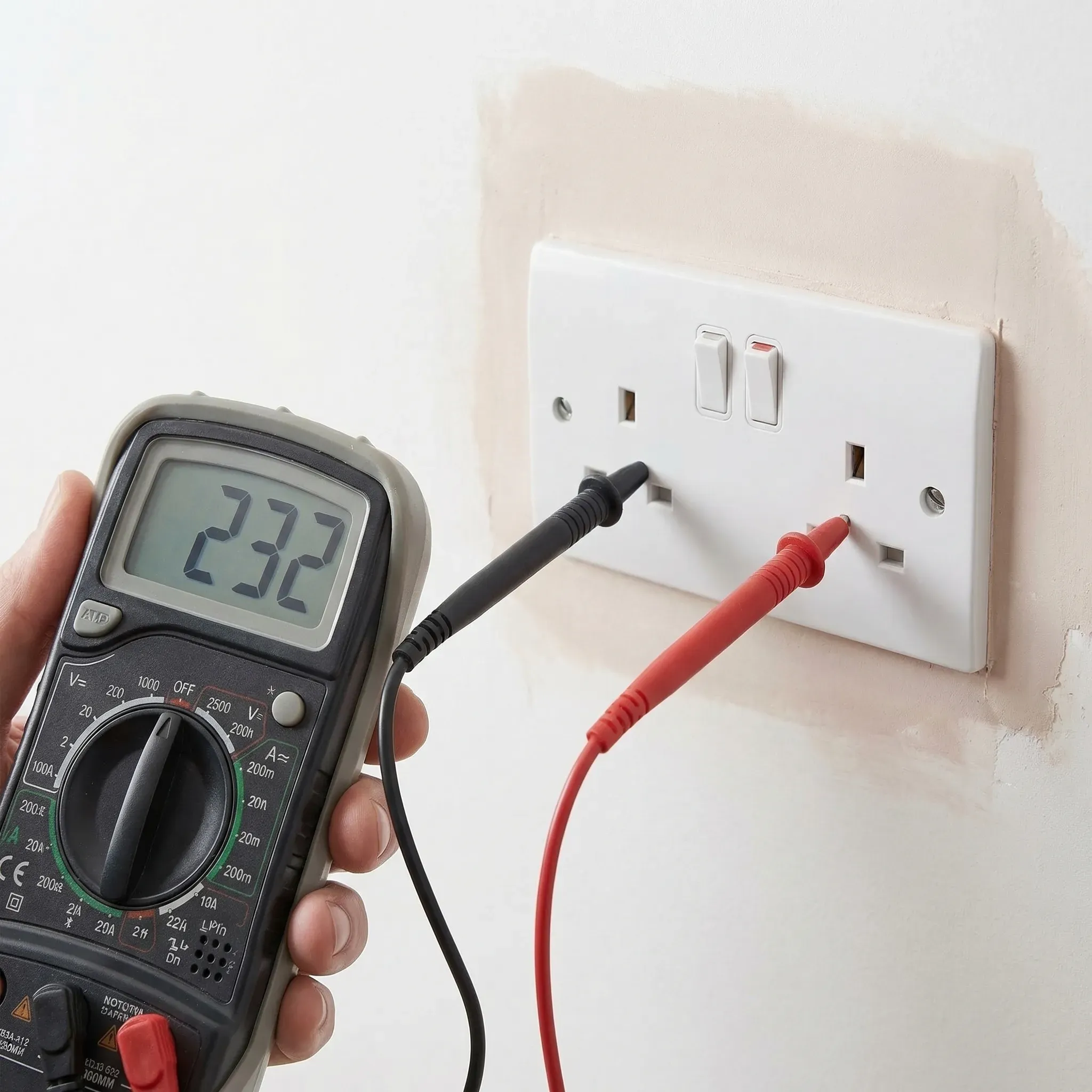 A digital multimeter with its display showing 232 volts, with the black probe inserted into the left (neutral) slot and the red probe inserted into the right (live) slot of a white UK 13A double socket mounted on a freshly plastered white wall. The test leads have short exposed probe tips and visible finger barrier guards.