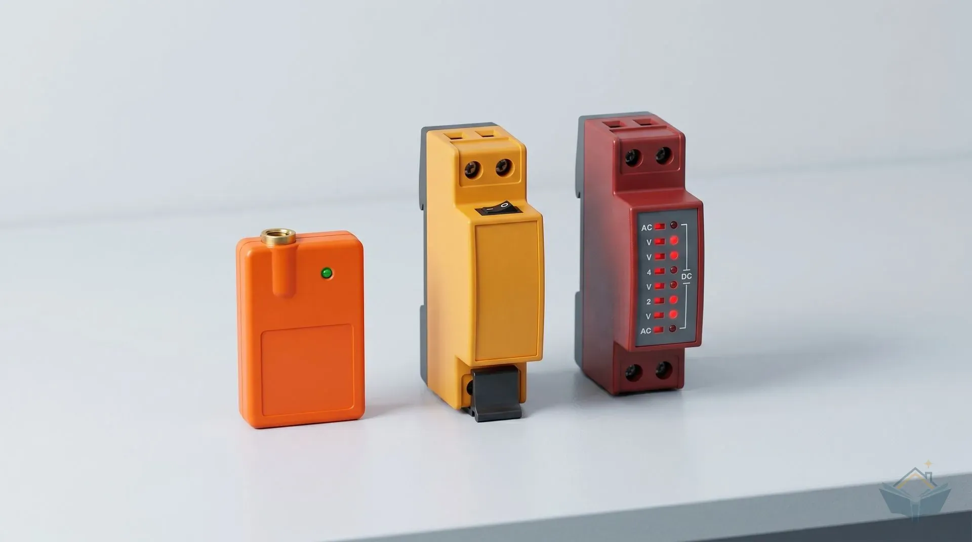 Three proving units of different sizes arranged side by side on a workbench: a small pocket-sized domestic unit on the left, a mid-range 690V multi-step unit with magnetic base in the centre, and a wider AC/DC unit with multiple LED voltage indicators on the right. All units show their terminal sockets clearly.