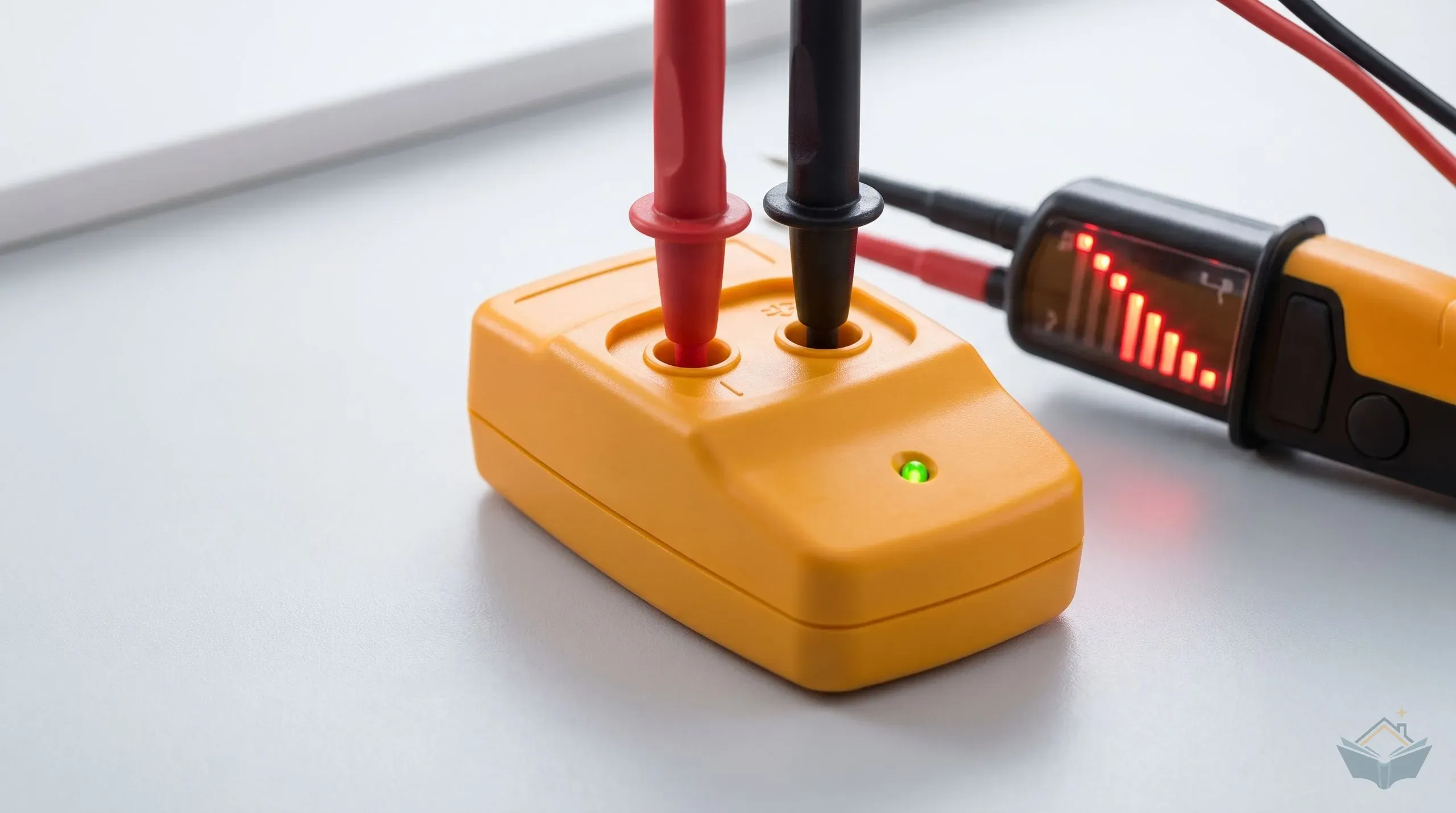 A 690V proving unit on a workbench beside a two-pole voltage tester, both probes inserted into the proving unit's terminals with the LED voltage ladder illuminated