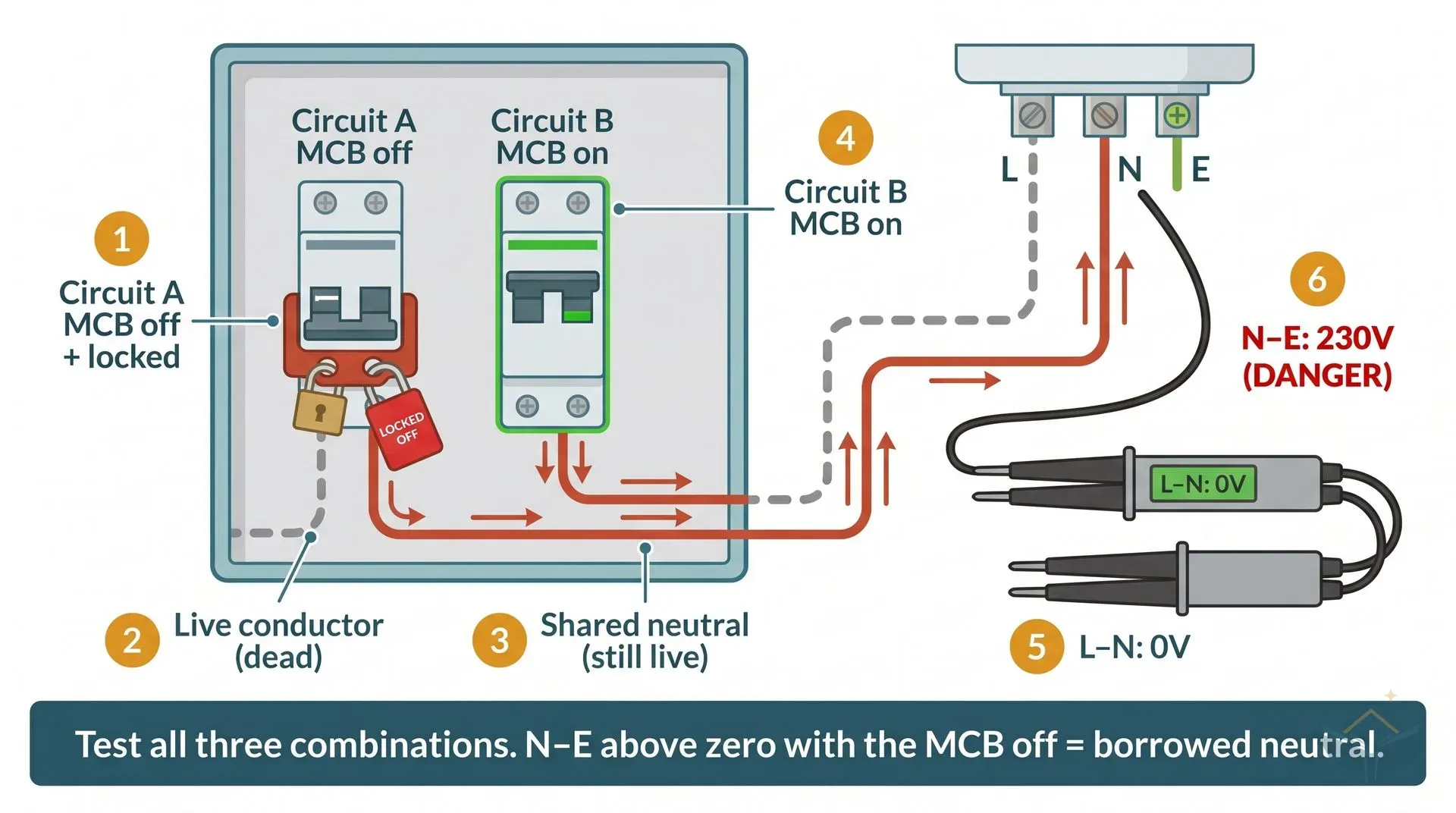 Technical diagram of a domestic consumer unit with two MCBs: Circuit A in the off position with a red lockout clip and padlock, and Circuit B in the on position. A dashed grey wire shows the dead live conductor from Circuit A, while a solid red wire with current-flow arrows shows the shared neutral still carrying return current from Circuit B. At a ceiling rose on the right, a two-pole voltage tester shows L-N reading 0V and a callout shows N-E reading 230V marked as DANGER. A bottom banner reads: Test all three combinations. N-E above zero with the MCB off = borrowed neutral.