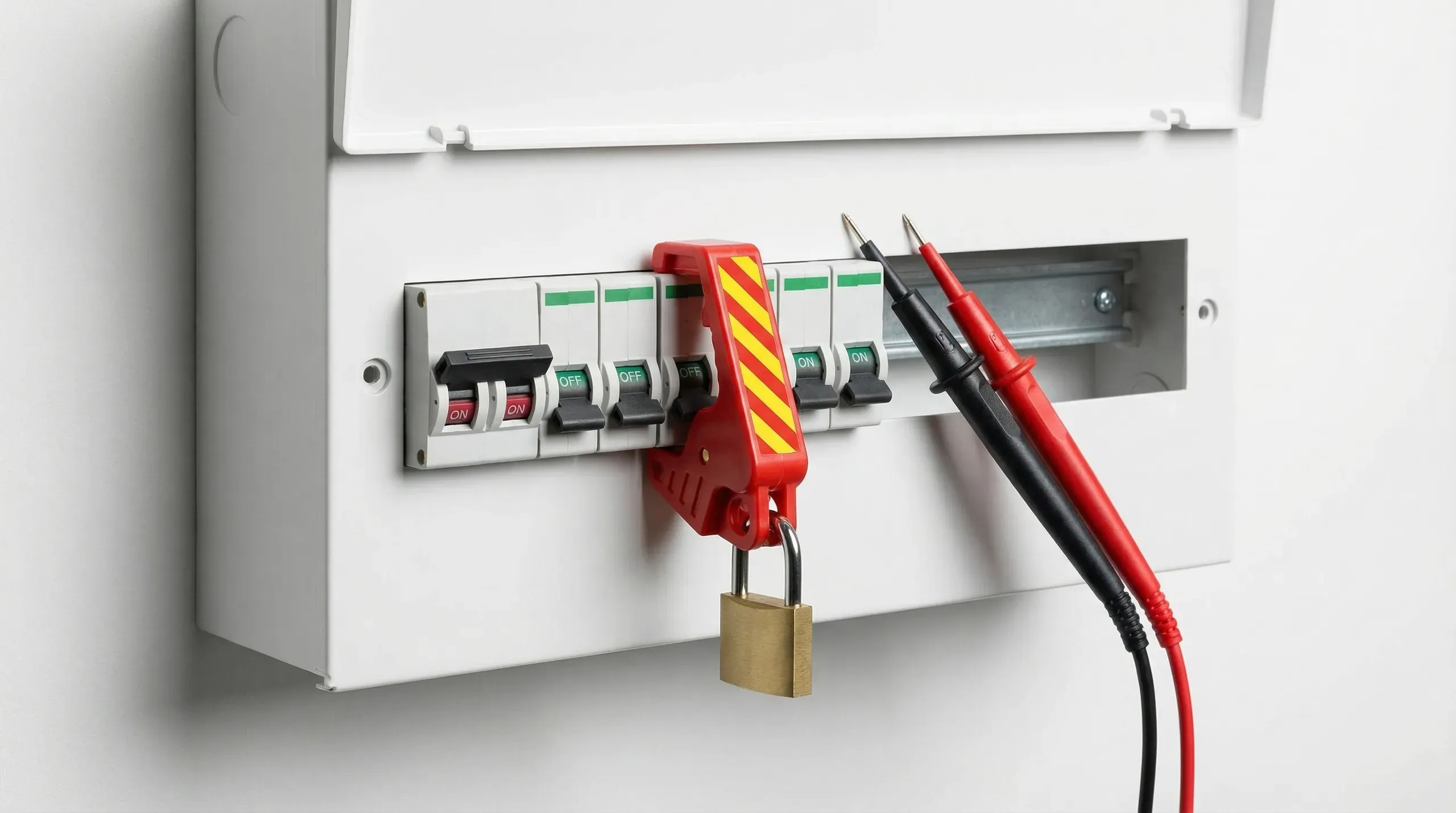 A two-pole voltage tester with probes touching terminals inside a consumer unit, with an MCB lockout device visible on the adjacent breaker