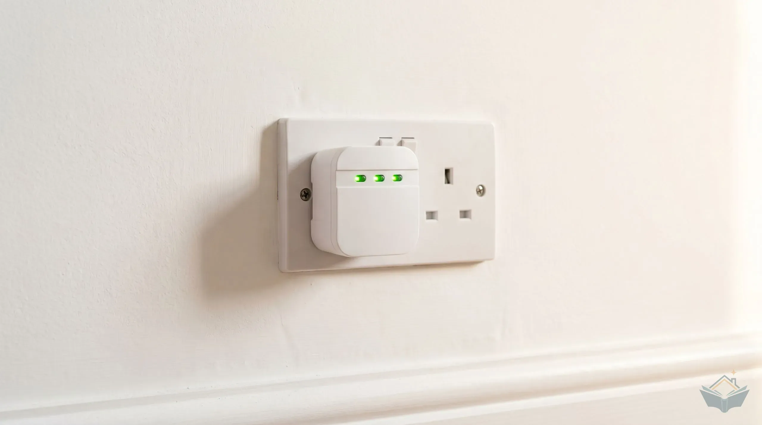 A white plug-in socket tester inserted into a new double socket on a freshly plastered wall, showing three illuminated LEDs in the correct wiring pattern