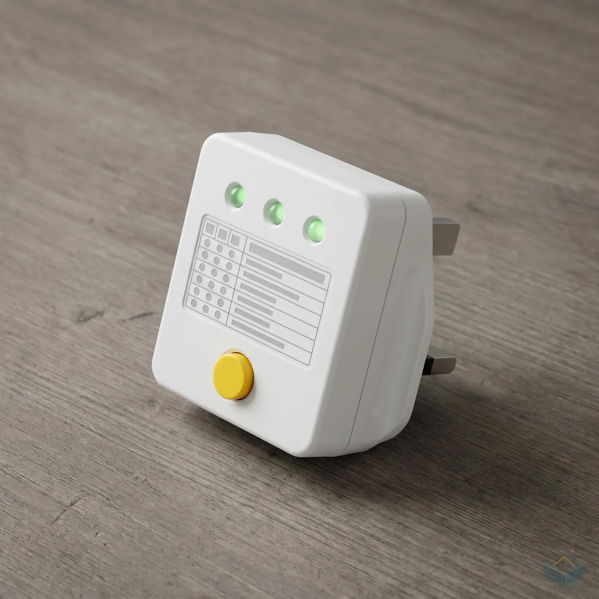A generic white plug-in 3-LED socket tester lying on a wooden workbench, showing the three LED indicator windows across the top of the front face, the fault-condition legend grid printed below them, a yellow buzzer button, and the integral 13A plug pins protruding from the back of the unit.