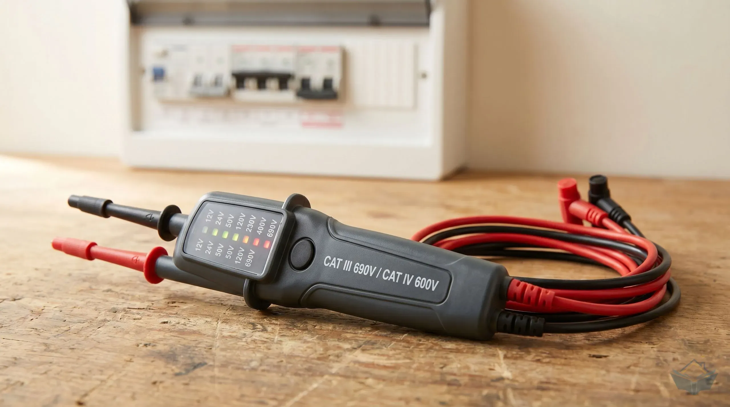 A professional two-pole voltage tester with red and black insulated probes, finger guards, and an LED voltage ladder display, photographed on a workbench next to a UK consumer unit