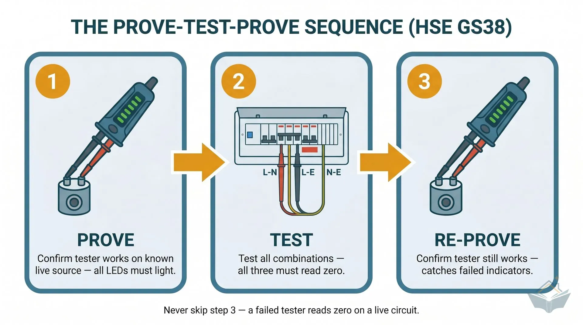 A three-panel flat vector infographic showing the prove-test-prove safe-isolation sequence. Panel 1 shows a voltage tester with all LEDs lit against a proving unit (Prove). Panel 2 shows the tester probes inside a consumer unit with all LEDs dark, with L-N, L-E, N-E test combinations labelled (Test). Panel 3 shows the tester back on the proving unit with LEDs lit again (Re-Prove).