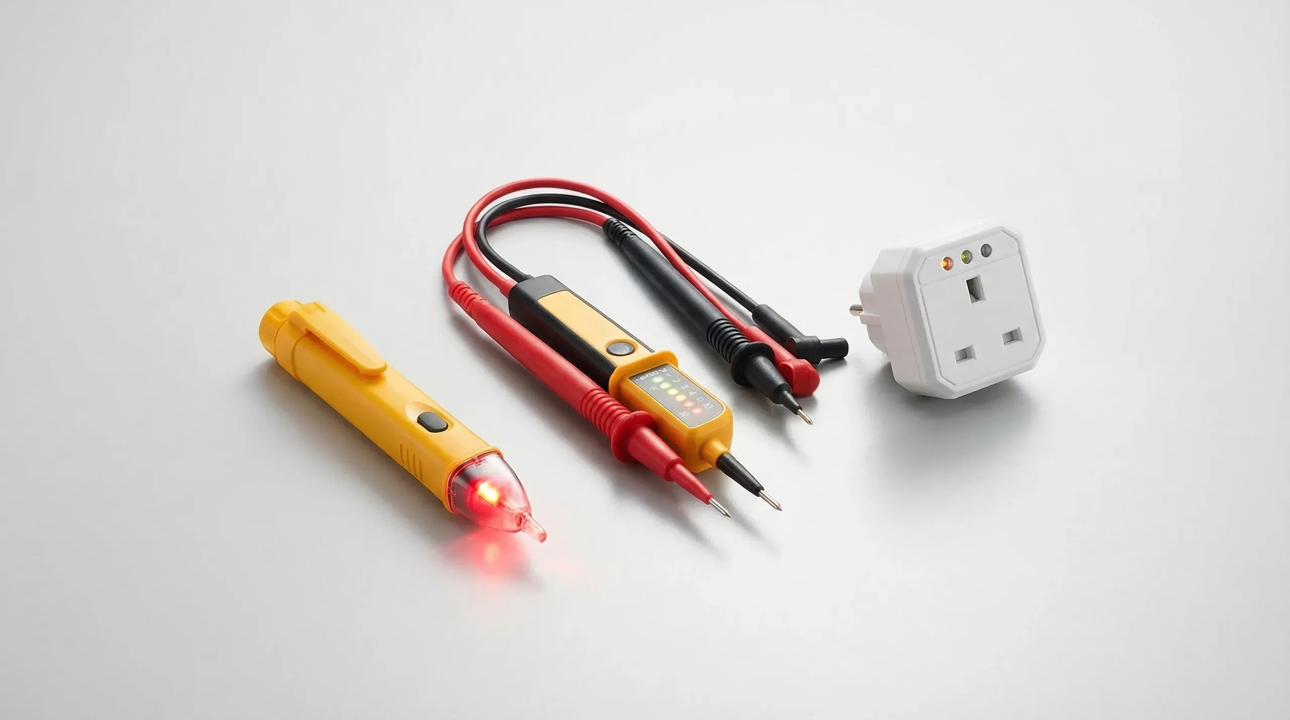 Three voltage testing tools laid out on a workbench: an NCV pen, a two-pole voltage tester with probes, and a plug-in socket tester