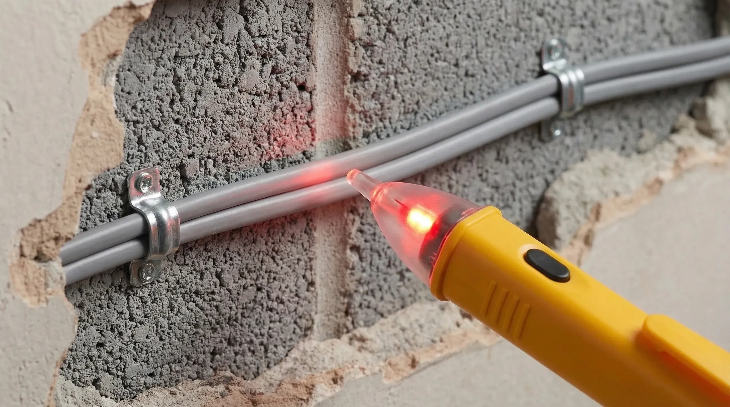 A yellow NCV voltage detector pen held approximately 10mm from a white twin-and-earth cable in a wall chase, with the red LED tip glowing to indicate live voltage detected. The cable runs through exposed grey blockwork with surrounding plaster removed.