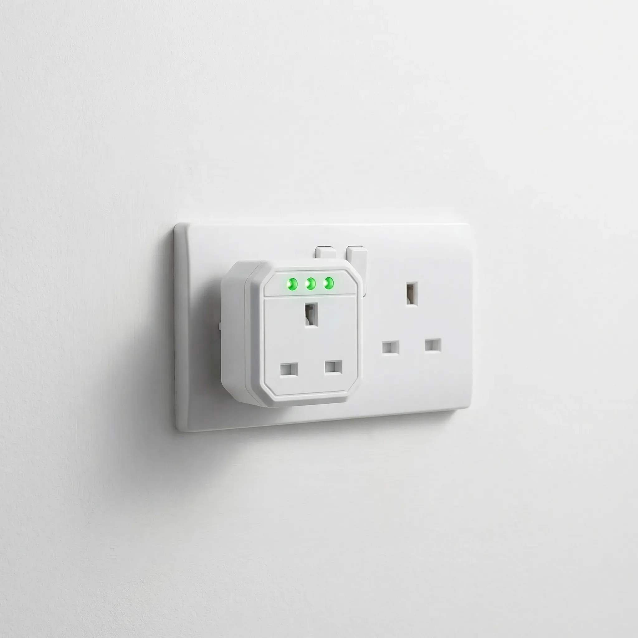 A white plug-in socket tester inserted into the left socket of a new white double socket on a freshly plastered and painted wall, showing three green LEDs lit in the correct no-fault wiring pattern. The right socket is empty.