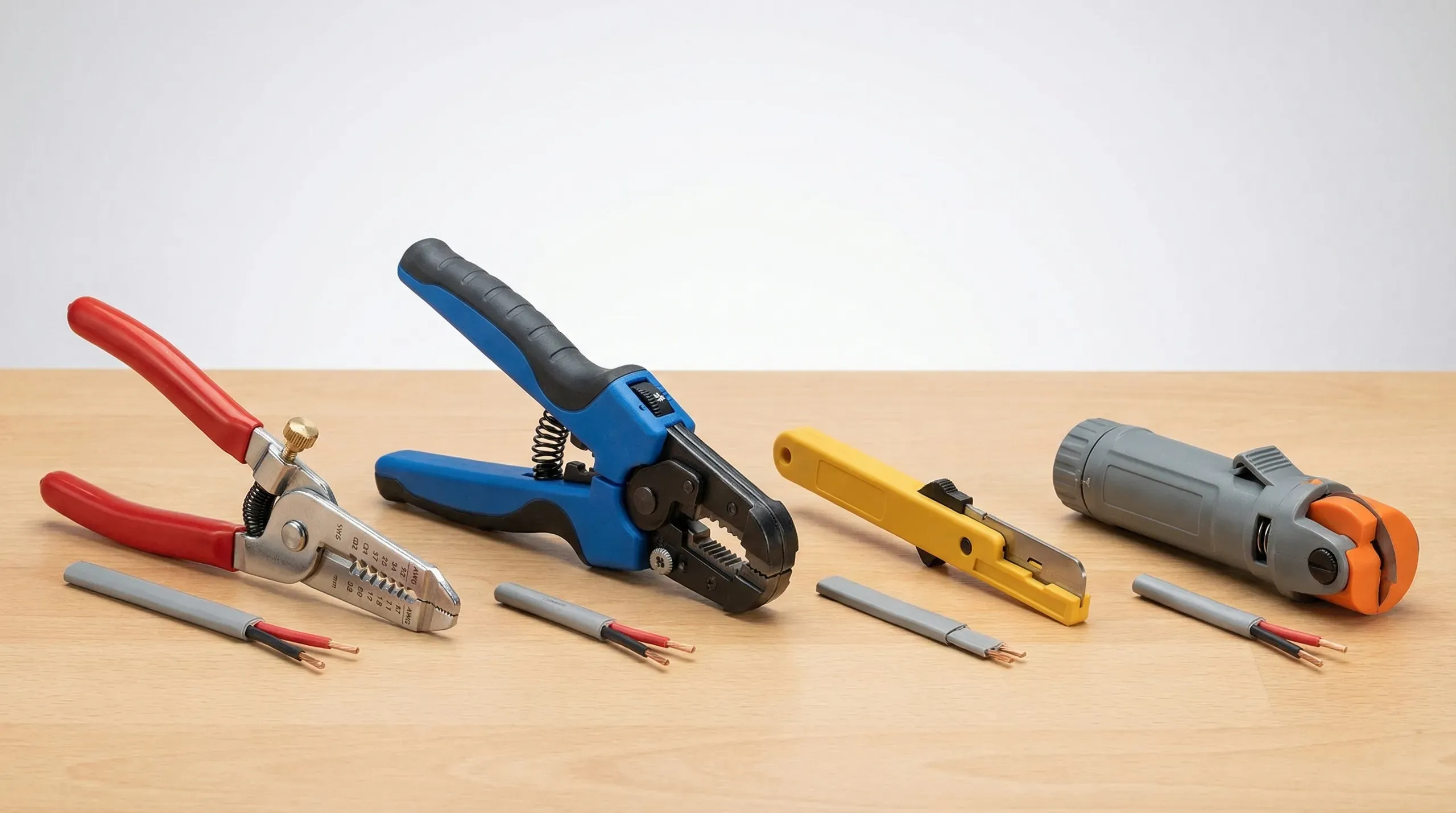 Four wire stripper types arranged side by side on a workbench: a manual adjustable stripper with notched jaws, a pistol-grip automatic self-adjusting stripper, a dedicated flat twin-and-earth cable stripper with a slim head, and a professional rotary stripper, each with a short length of stripped cable in front.