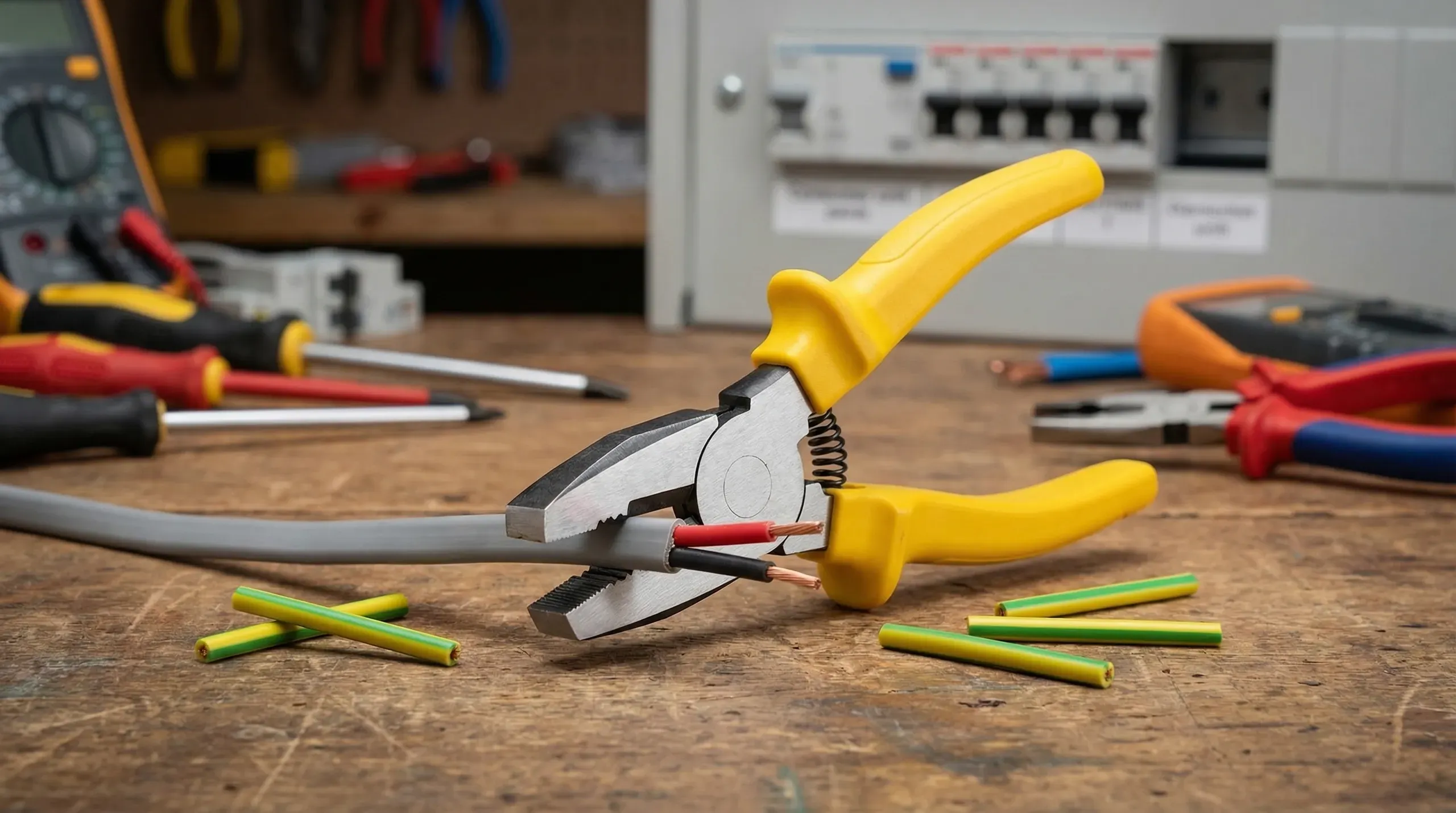 A pair of automatic wire strippers with yellow handles stripping the insulation from a length of twin-and-earth cable on a workbench, with stripped cable ends and green-yellow earth sleeving visible