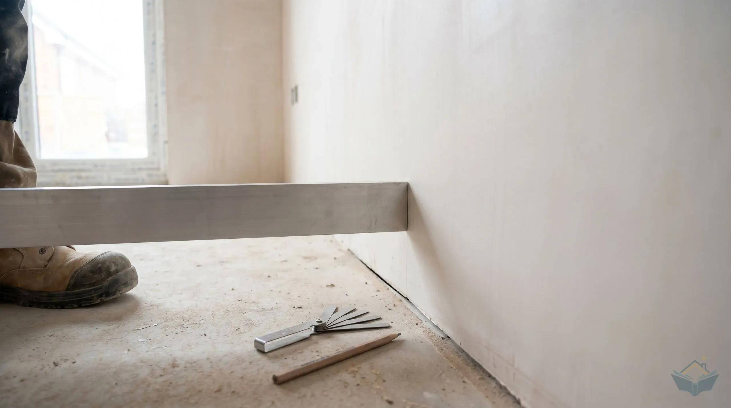 A 2m aluminium straight edge held flat against a freshly plastered wall with a feeler gauge and pencil at the foot, showing a hairline gap between edge and wall surface