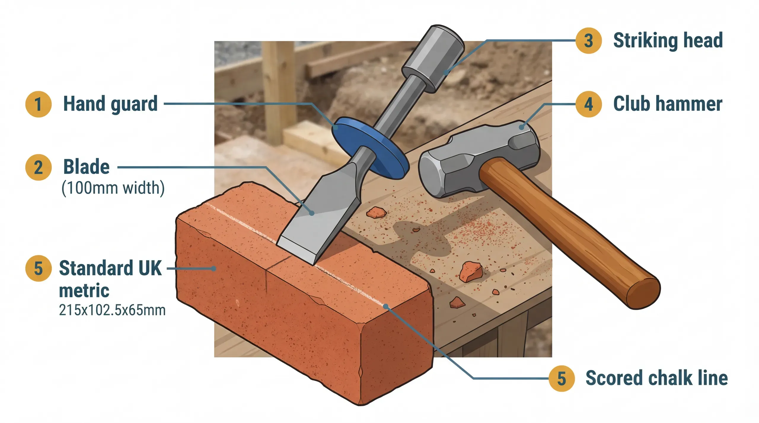 A guarded bolster chisel and club hammer resting on a split brick on a construction site workbench