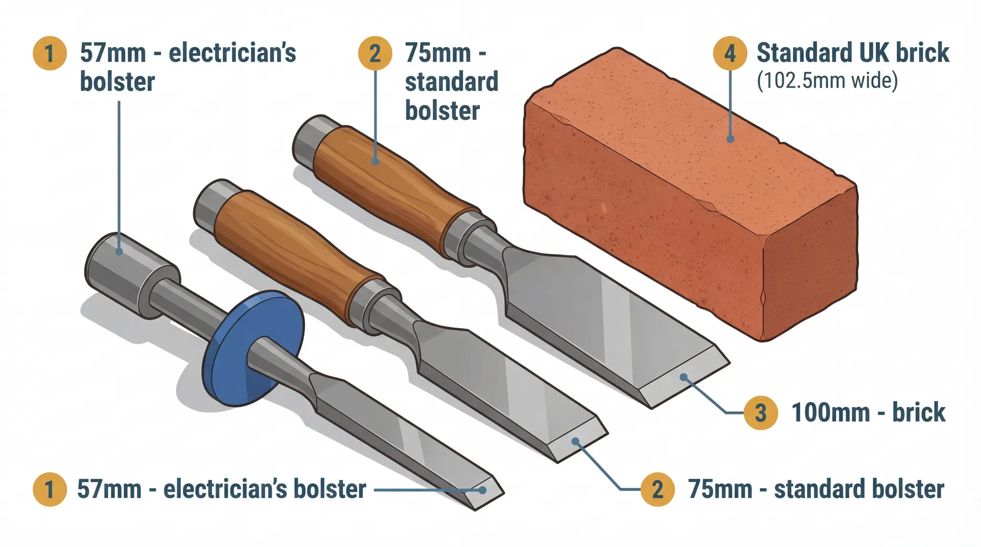 Three bolster chisels laid side by side showing 57mm, 75mm, and 100mm blade widths with a standard UK metric brick for scale, illustrating the increasing blade sizes from electrician's bolster to full brick bolster.